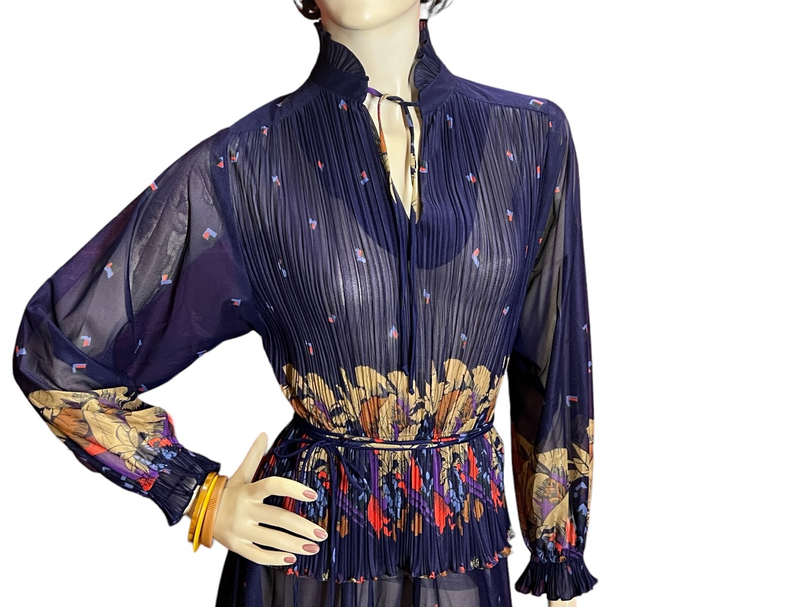 S-M 10 Petite Vtg 80s Sheer Dress Knife Pleats Peplum BLUE Japan Floral Print