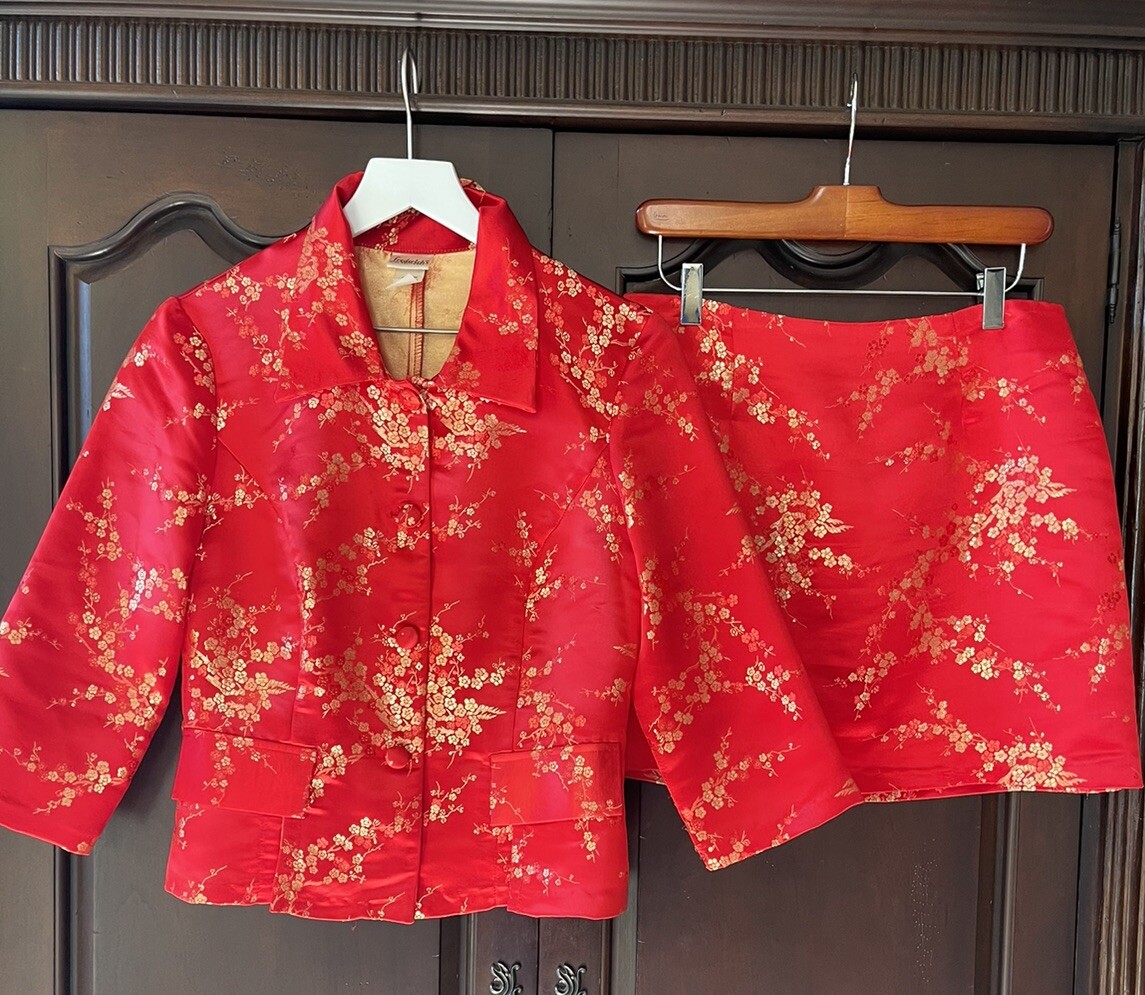 Vintage Fredrick’s of Hollywood Y2K Red Brocade Two Piece Suit, Skirt Jacket