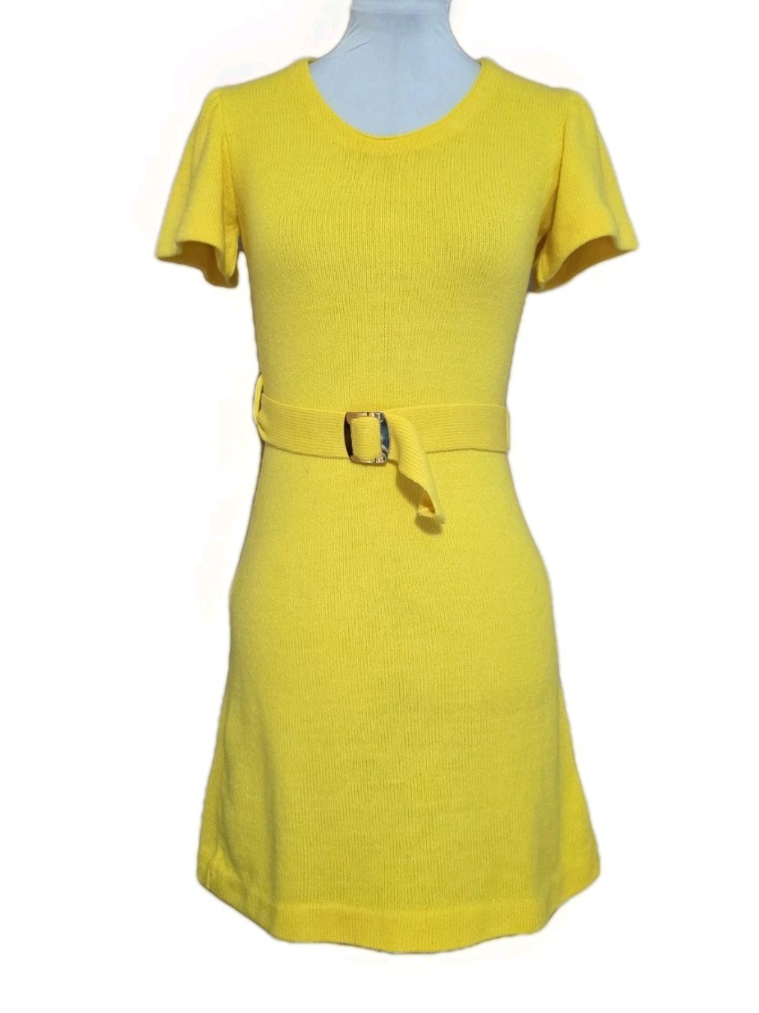 Alberic Beldoch Popper Vintage 60s Yellow Orlon Acrylic Belted Sweater Dress