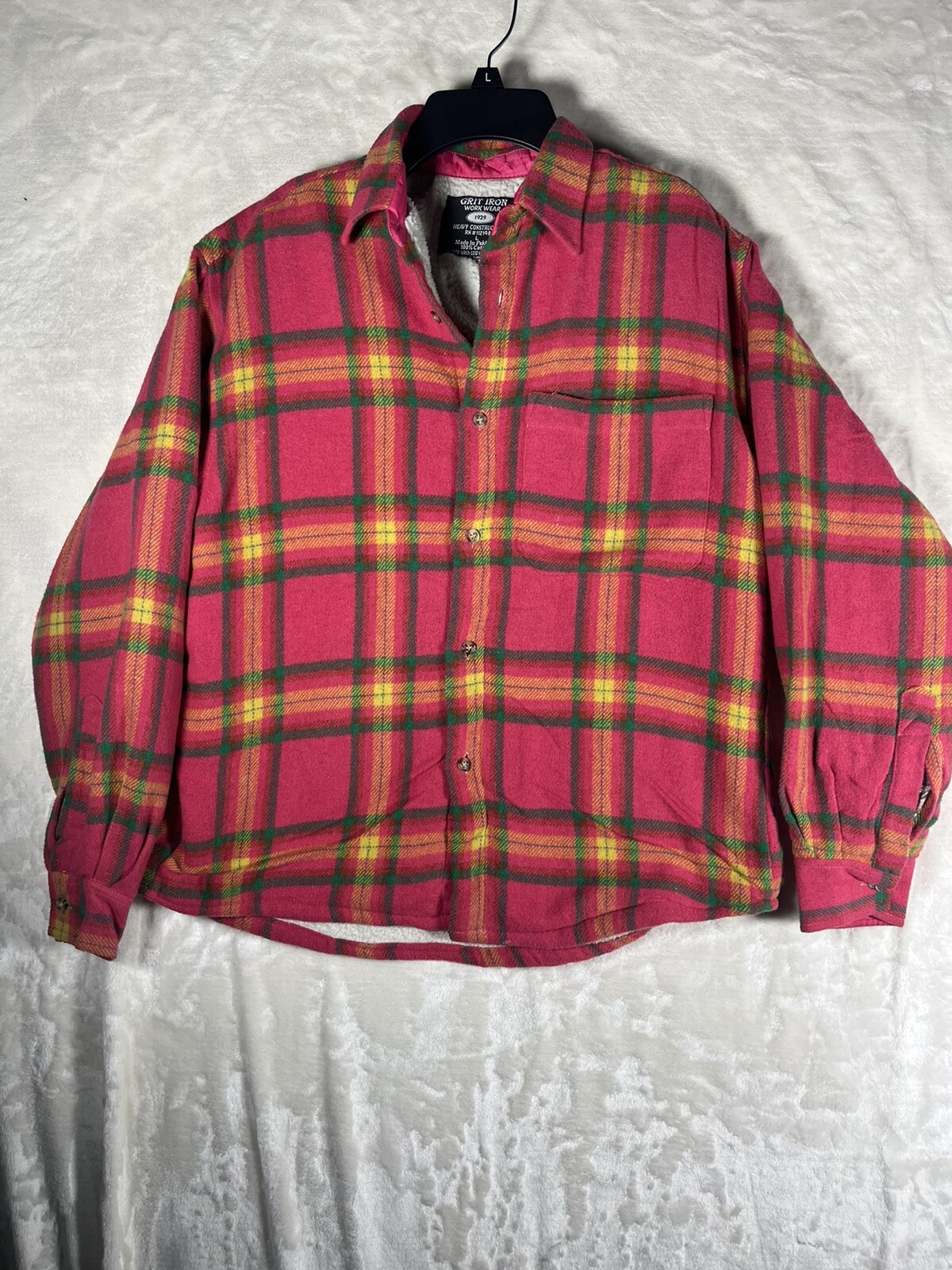 Grit Iron Workwear Ladies Large Button Up Sherpa Lined Flannel Shirt Plaid Pink