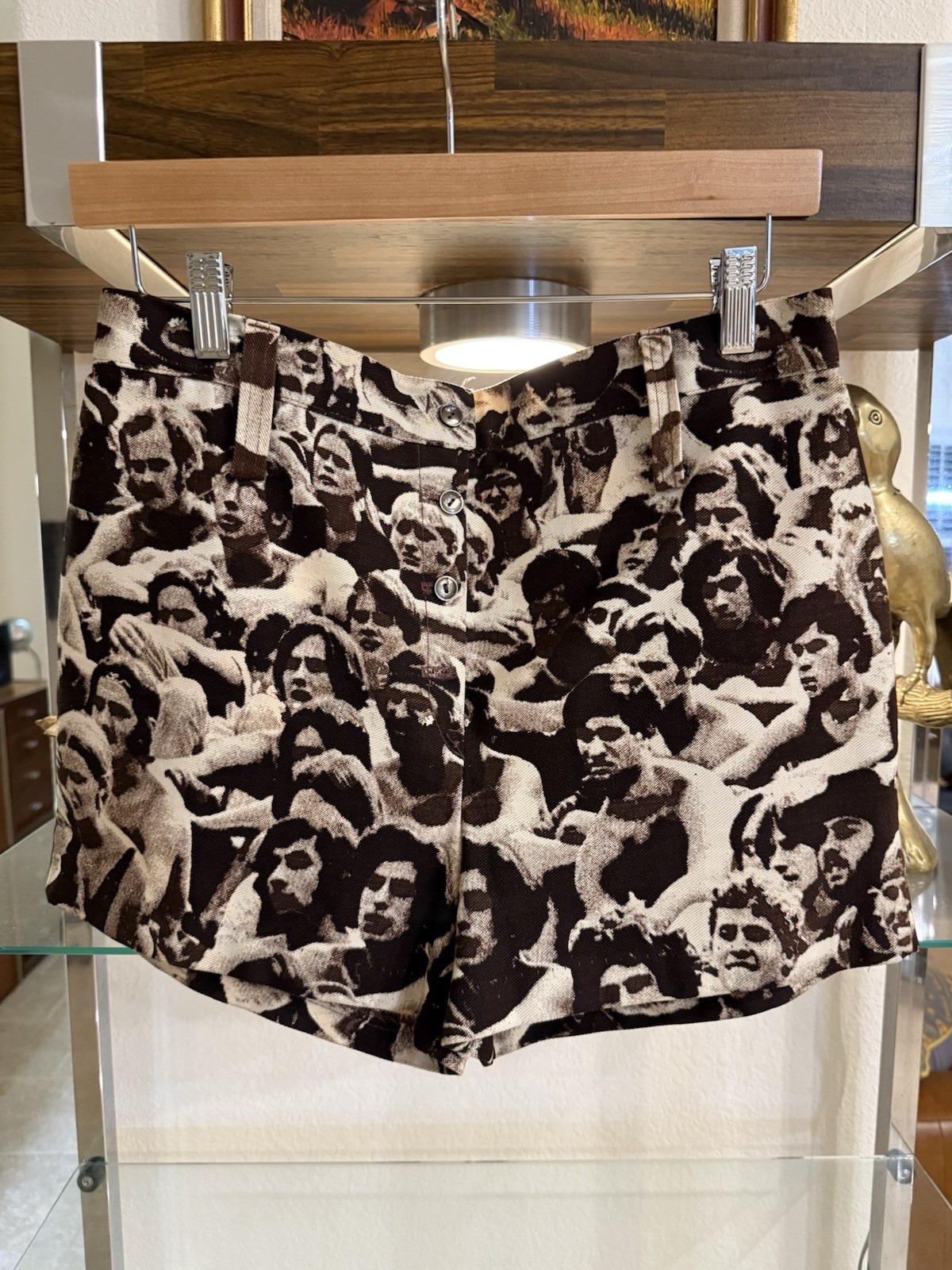 Rare 1969 Woodstock Festival Crowd Print Shorts Button Fly Pop Art Vintage