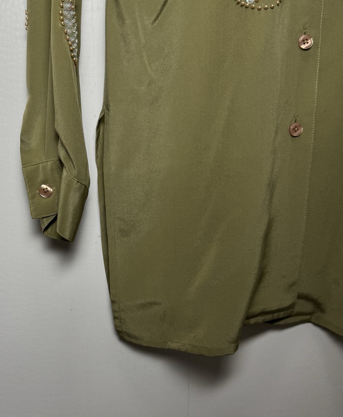 Vintage 80s 100% Silk Blouse Sz 4 Olive Sequin Beaded Paisley Tunic Shirt