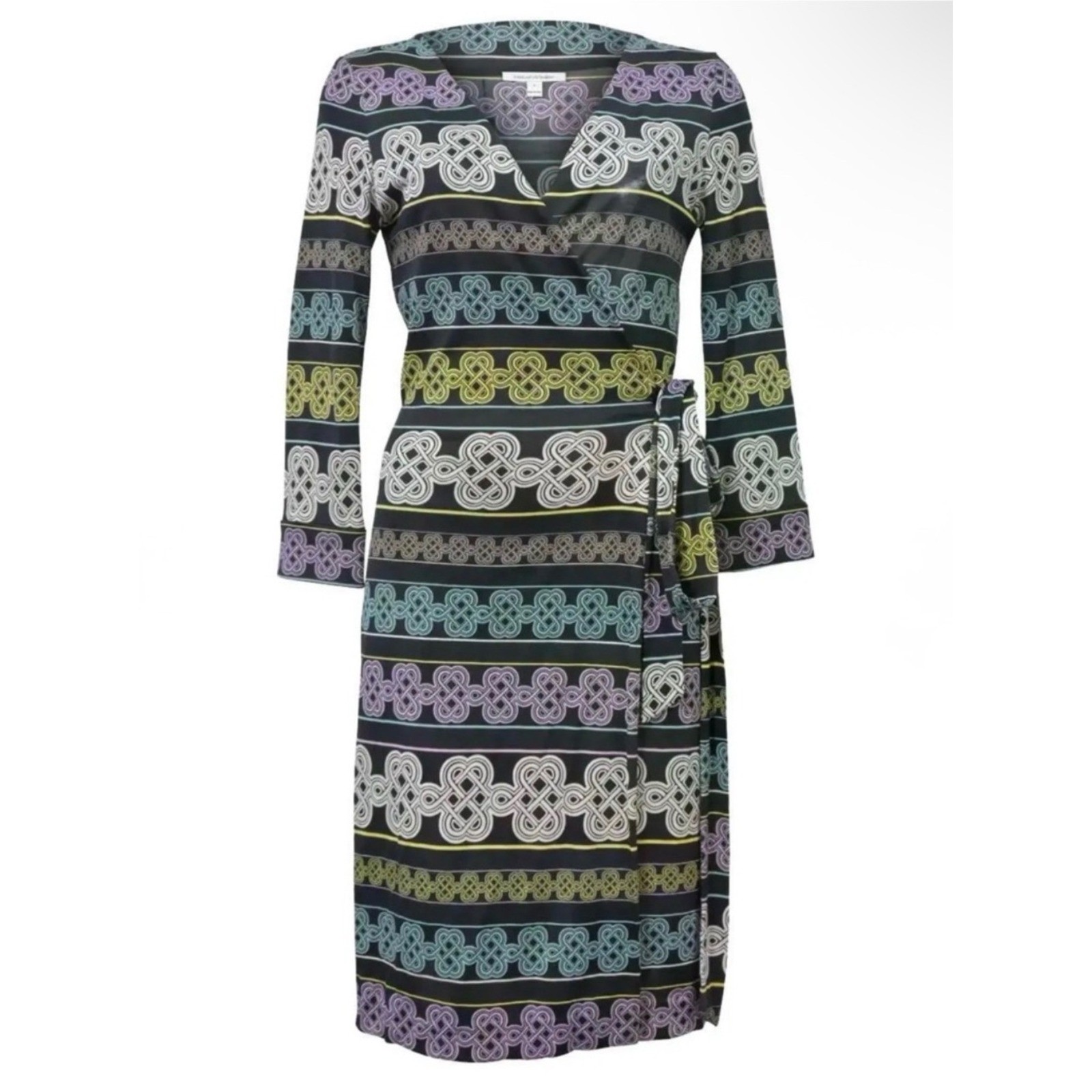 Diane Von Furstenberg DVF Silk Wrap Dress Knot Print Black Multi Size 0