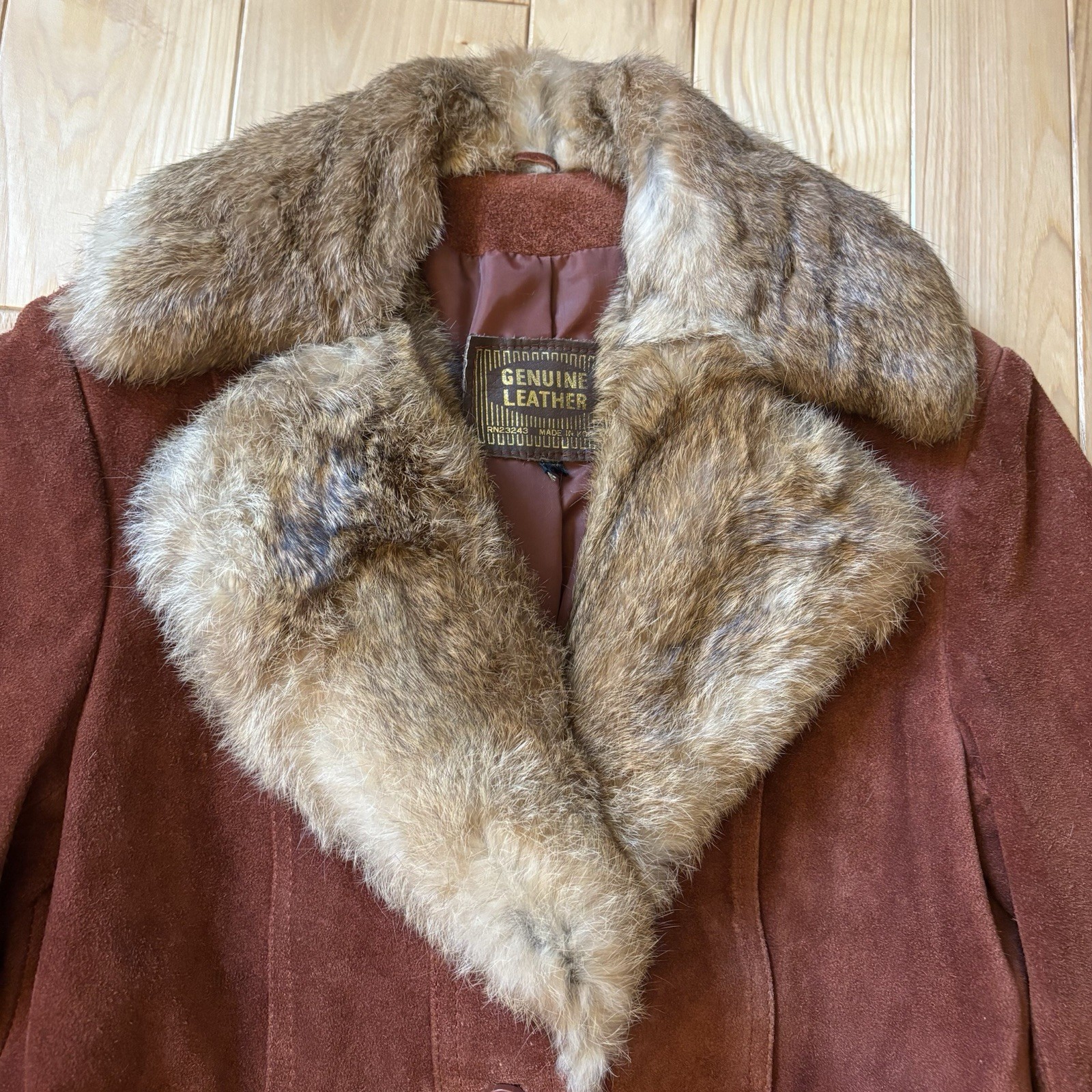 Vintage 70’s Genuine Suede Leather Rabbit Fur Collar Belted Jacket