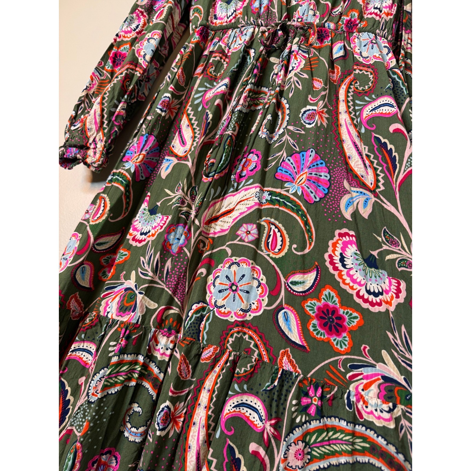 Olive Green Boho Prairie Maxi Dress Paisley Floral Cottagecore Peasant Small