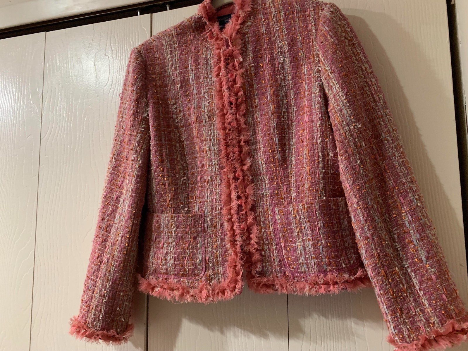 Fundamental Things Woman’s Blazer Herringbone Pink Buttons Pockets VTG Size 8
