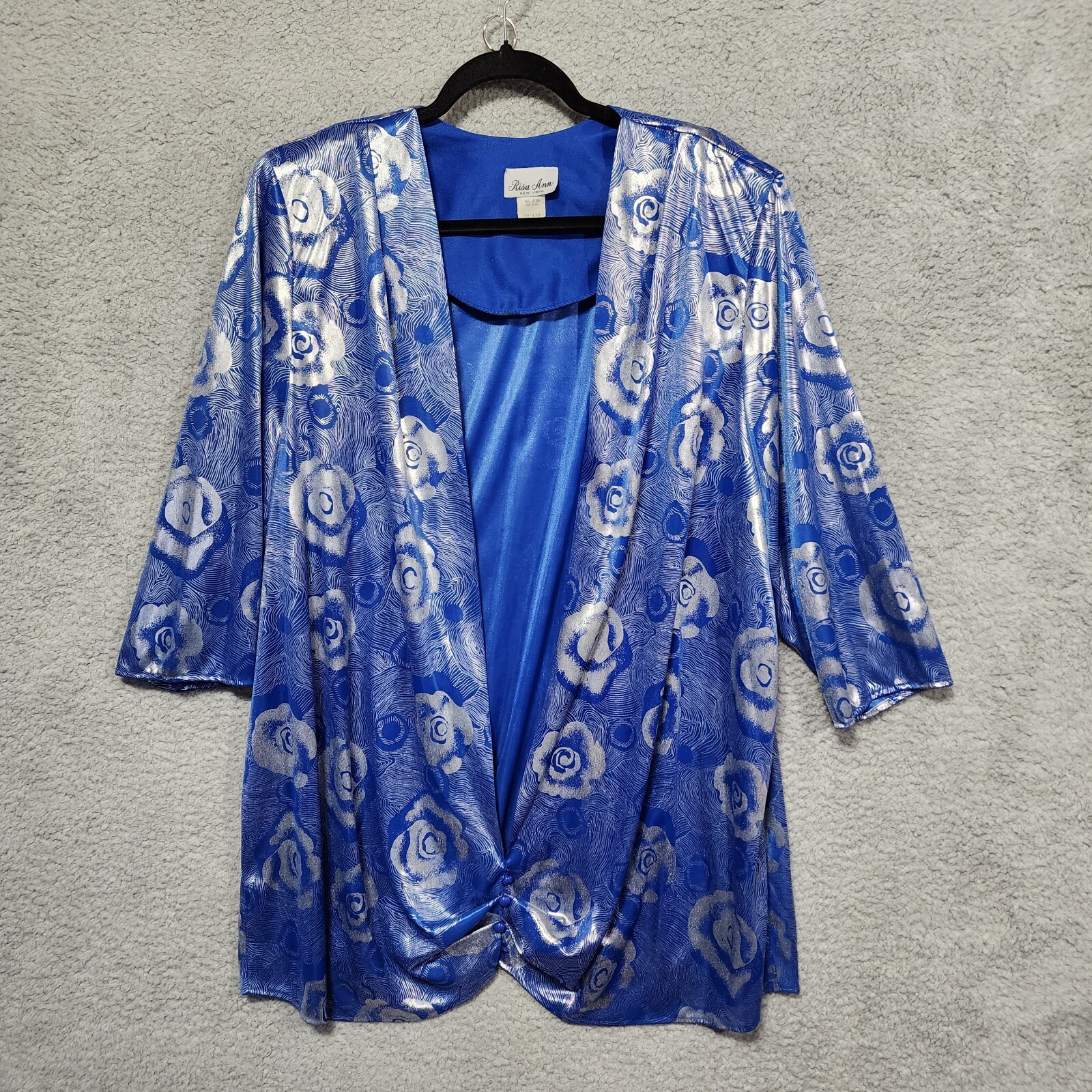 Risa Ann New York Metallic Silver Blue Abstract Overlay Blouse 80’s Plus Size 2X