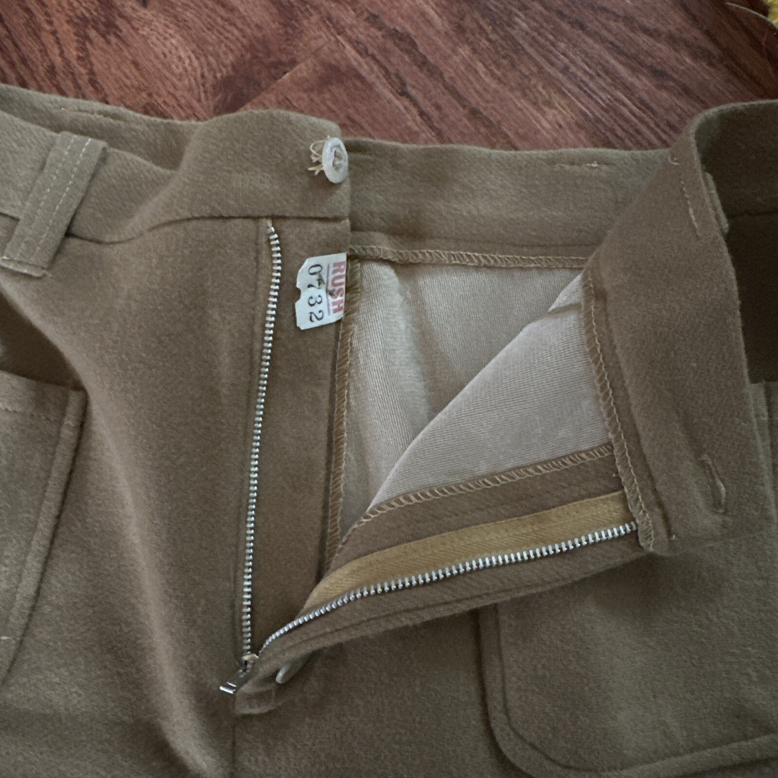 Vintage 60s 70s Ann Robin Bonded Wool Zipper Fly Tan Trousers Size 18 32″ Waist
