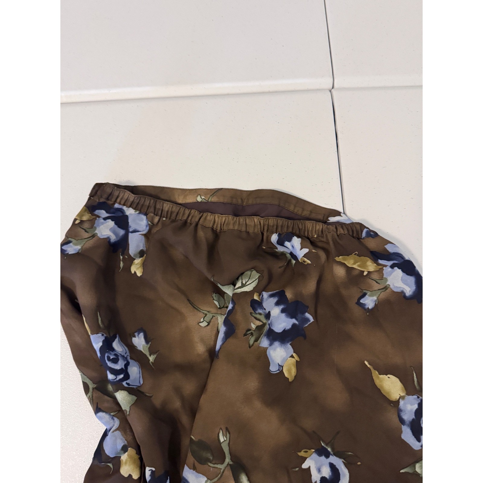 Kathy Ireland Vintage Maxi Skirt Brown Blue Floral Rose Print Size 16 k3
