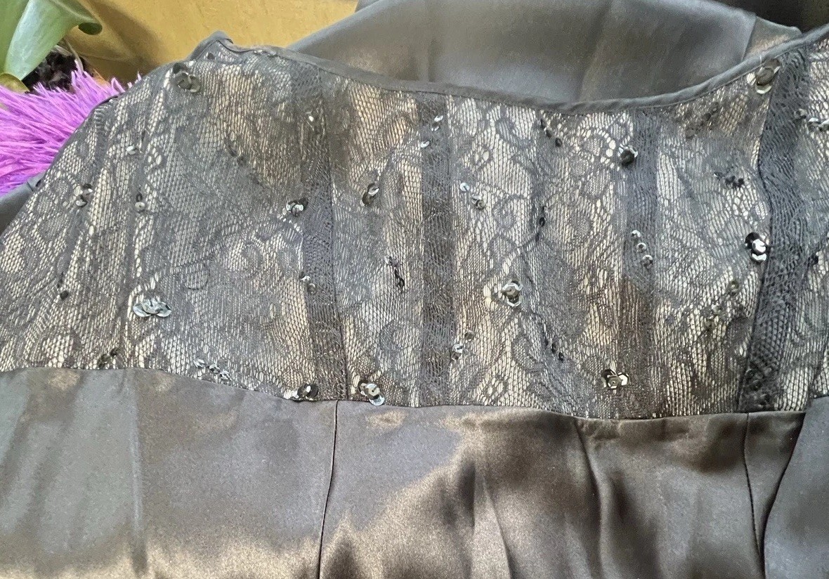 VTG sequin bias cut Silky Cacique Long BLACK EMPIRE SPLIT LINGERIE NIGHT GOWN L