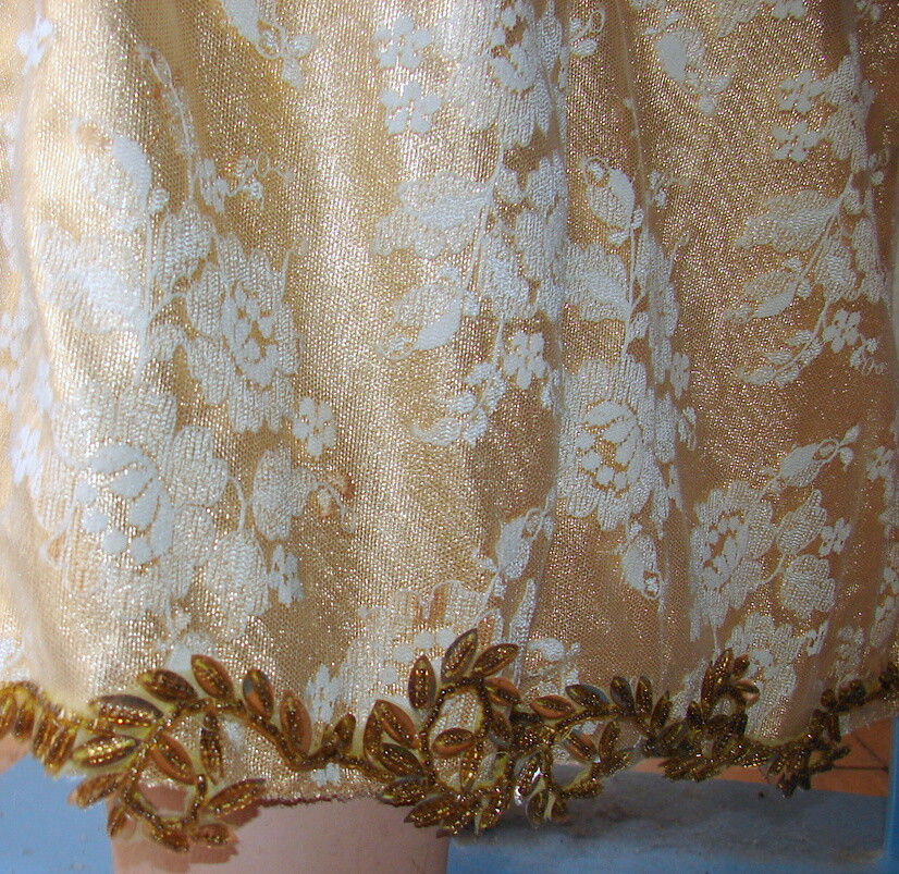 1980s GOLD LONG DRESS w/Lace and Rhinestones; Fancy Trim d1-2