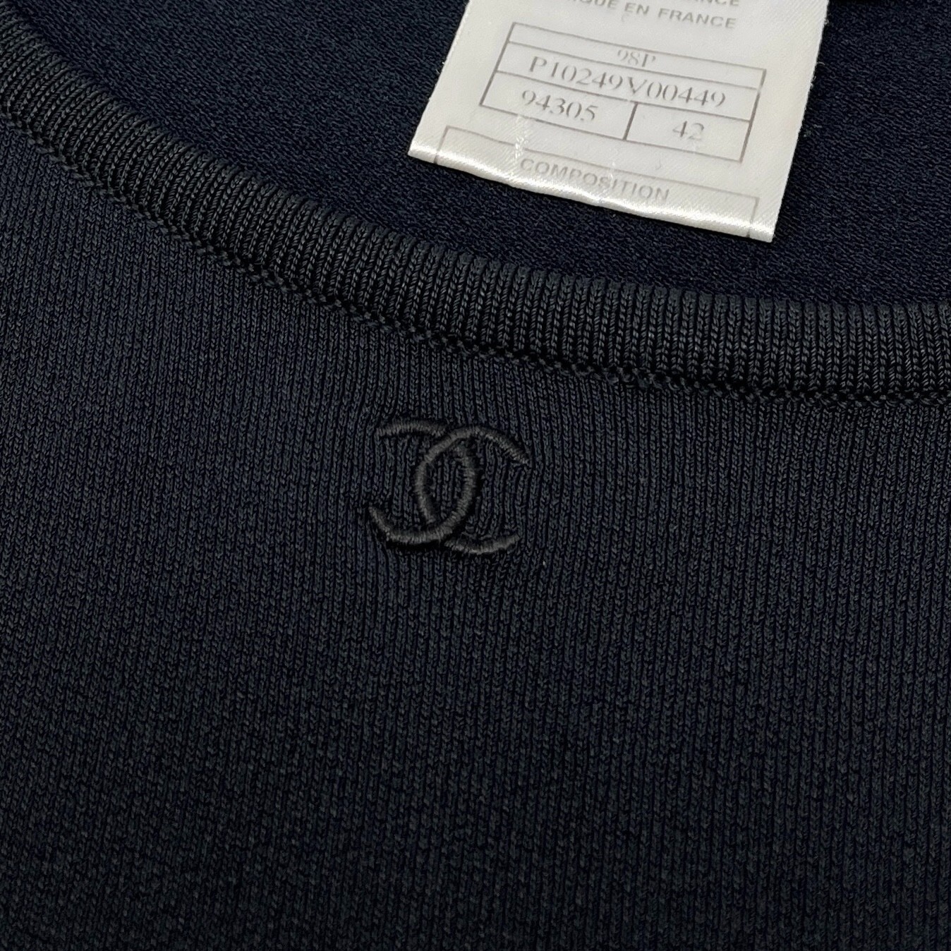 CHANEL Vintage 98P CC Logo Knit Tank Top #42 Round Neck Spandex Black Rayon