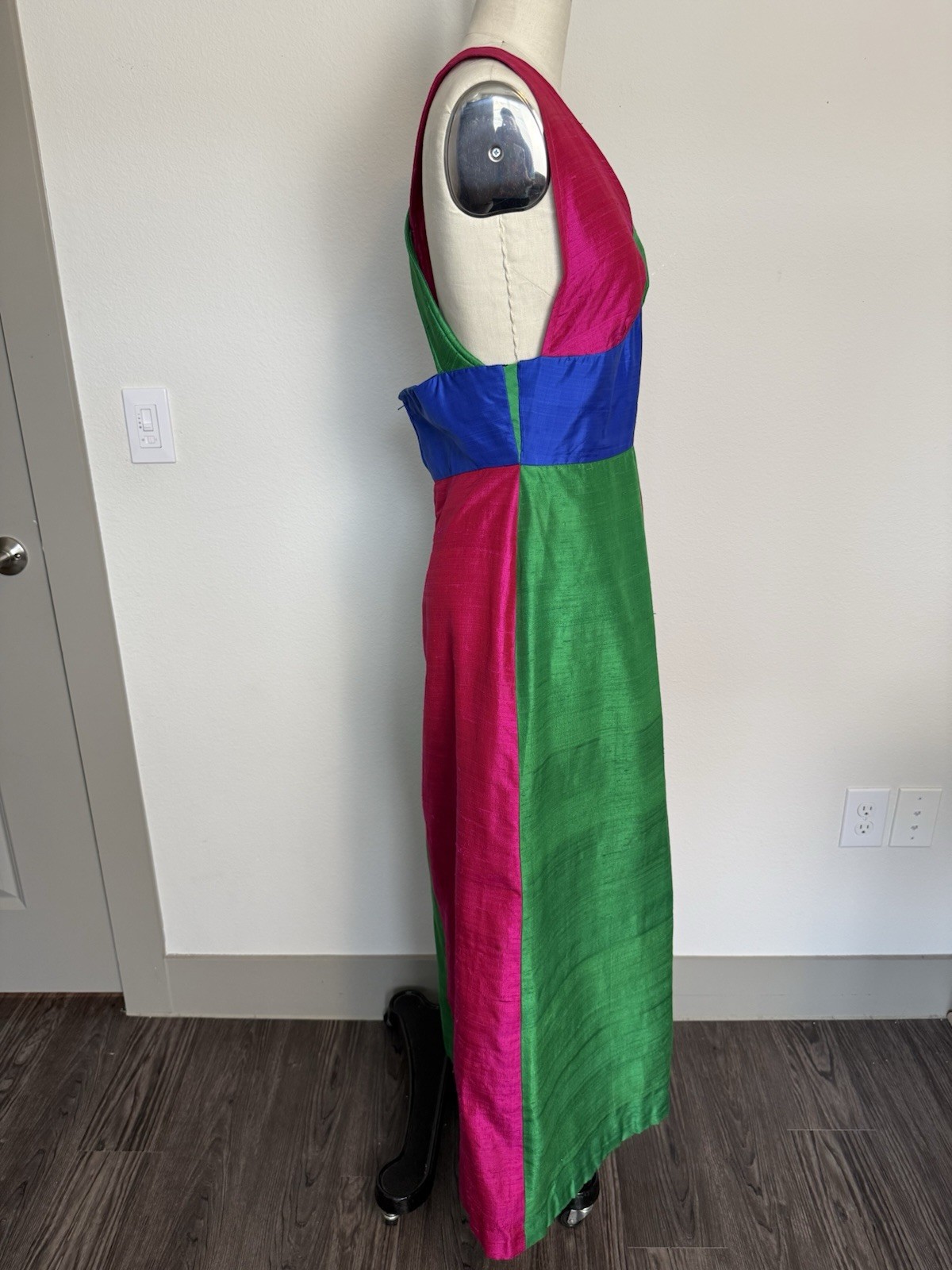 60s 70s VTG Sabina of India for Lord & Taylor Colorblock Silk Maxi Dress, Medium