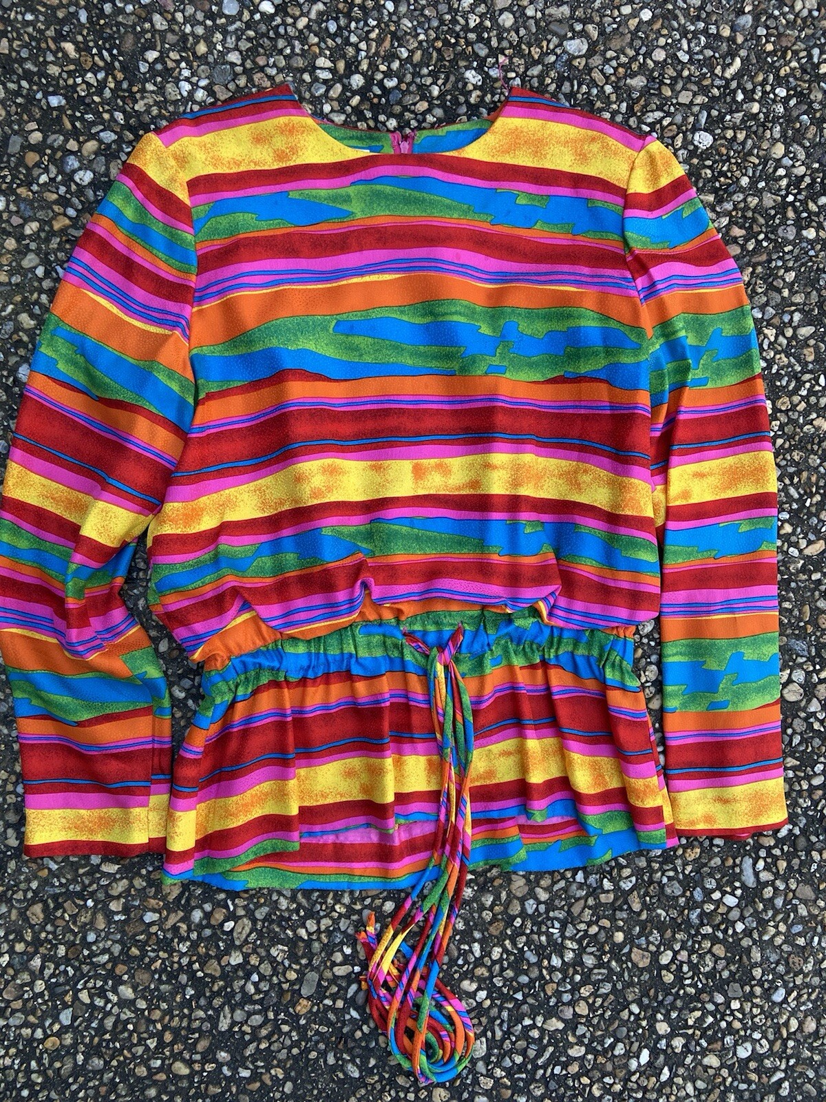 Vtg 1980s Nippon Over The Top Colorful Rainbow Peplum Silk 2 Piece Dress Suit 8