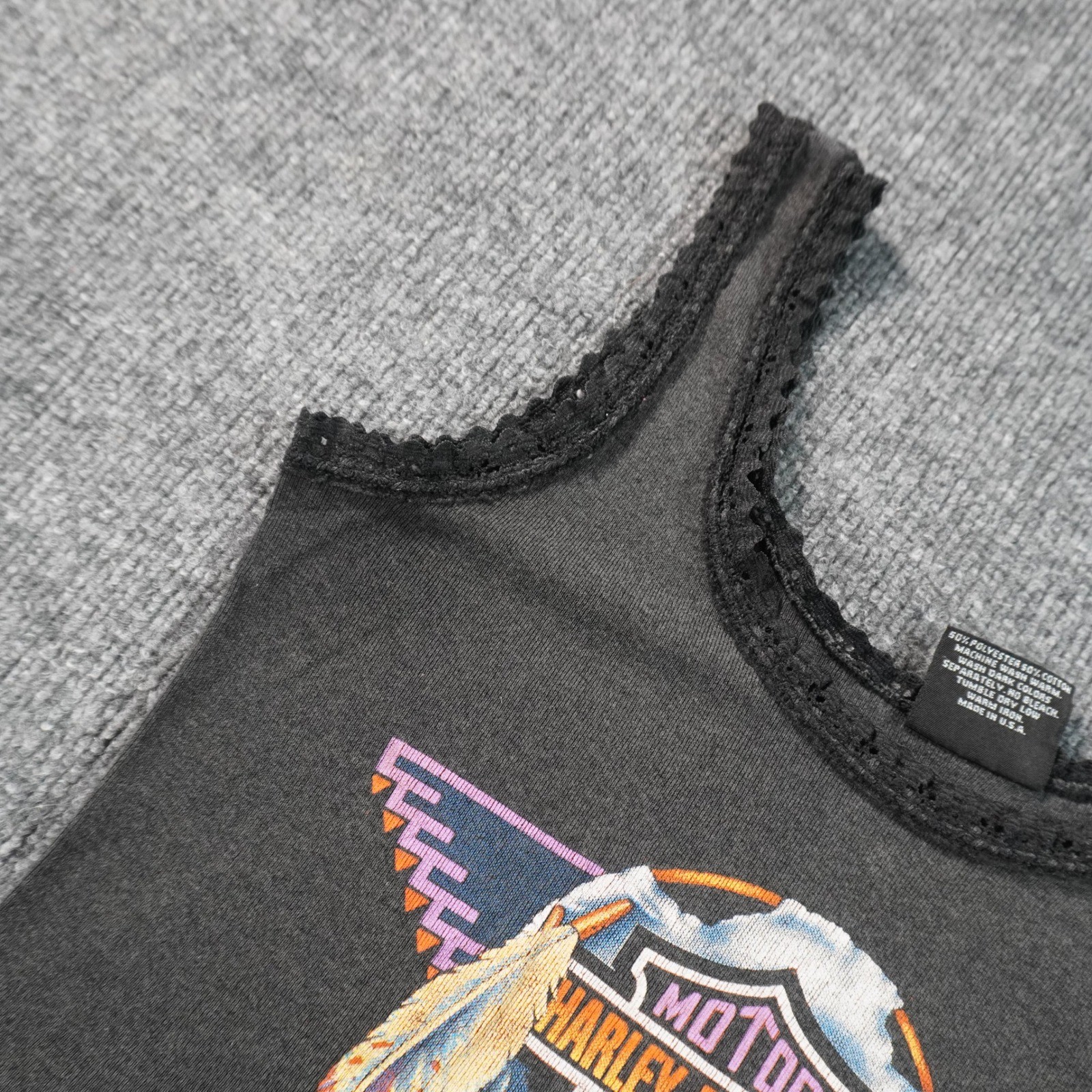 Harley-Davidson Tank Top Womens S Black 1990 3D Emblem Dreamcatcher Lace Trim