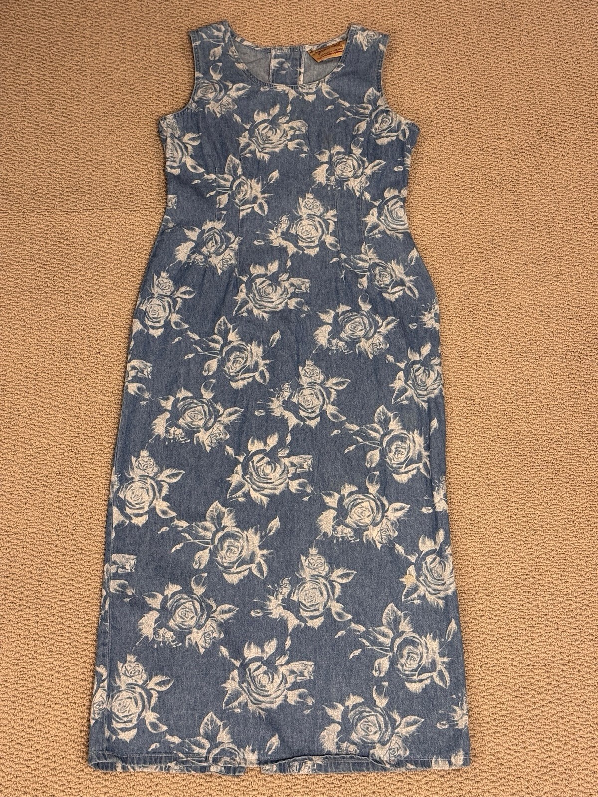 VTG Studio Ease 90s Floral Denim Maxi Dress Blue Cotton Button Back Measurements