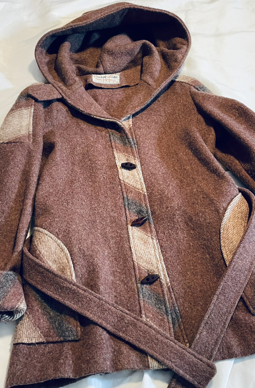 Casa de Lana Virgin Wool Hooded Belted Retro Coat Women’s Size 9 10 Vintage