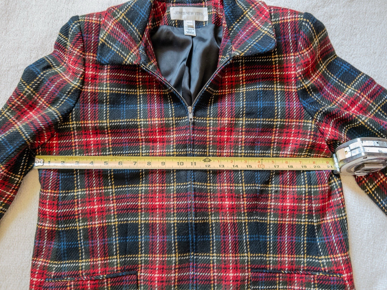 VTG Jones New York Wool Tartan Plaid Zip Blazer Jacket Red Plus Size 16W USA