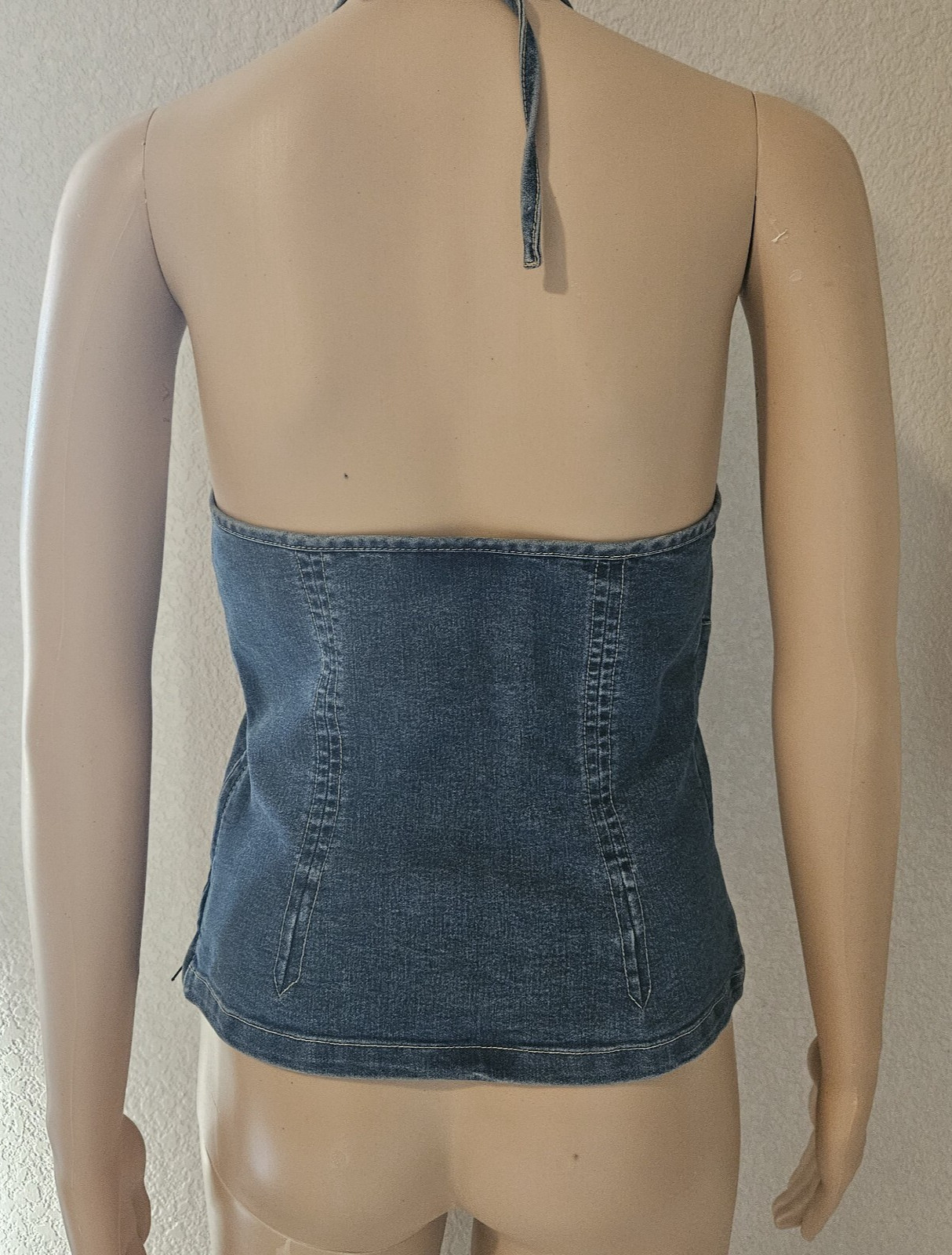 Vintage Y2K Denim Halter Top Side Brass Zipper European Size 38 Boho Western