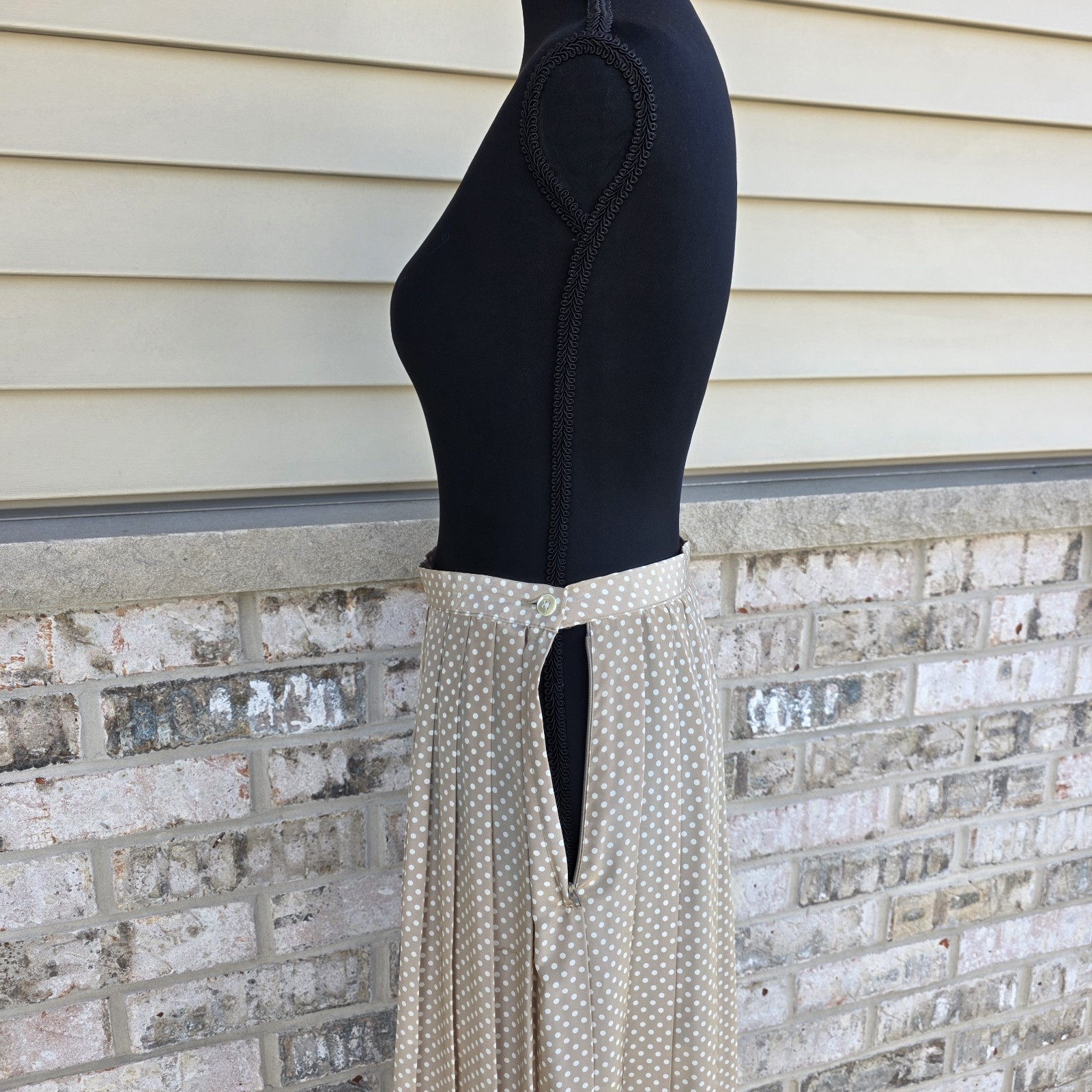 Vintage 80s Polka Dot Pleated Midi Skirt Tan Cream Russ Made USA ILGWU Size 10