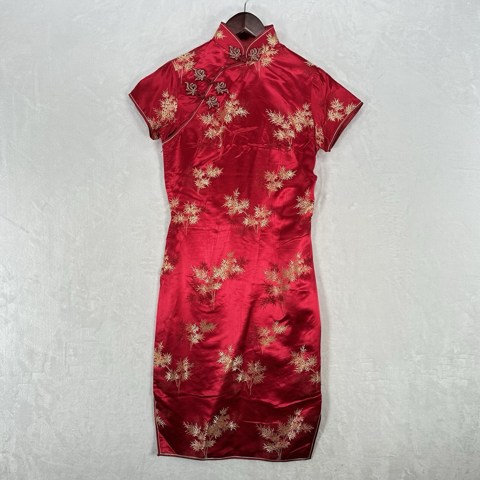 Vintage Dress Set Womens XS Red Satin Floral Cheongsam Robe Shoes Masque Arrayed