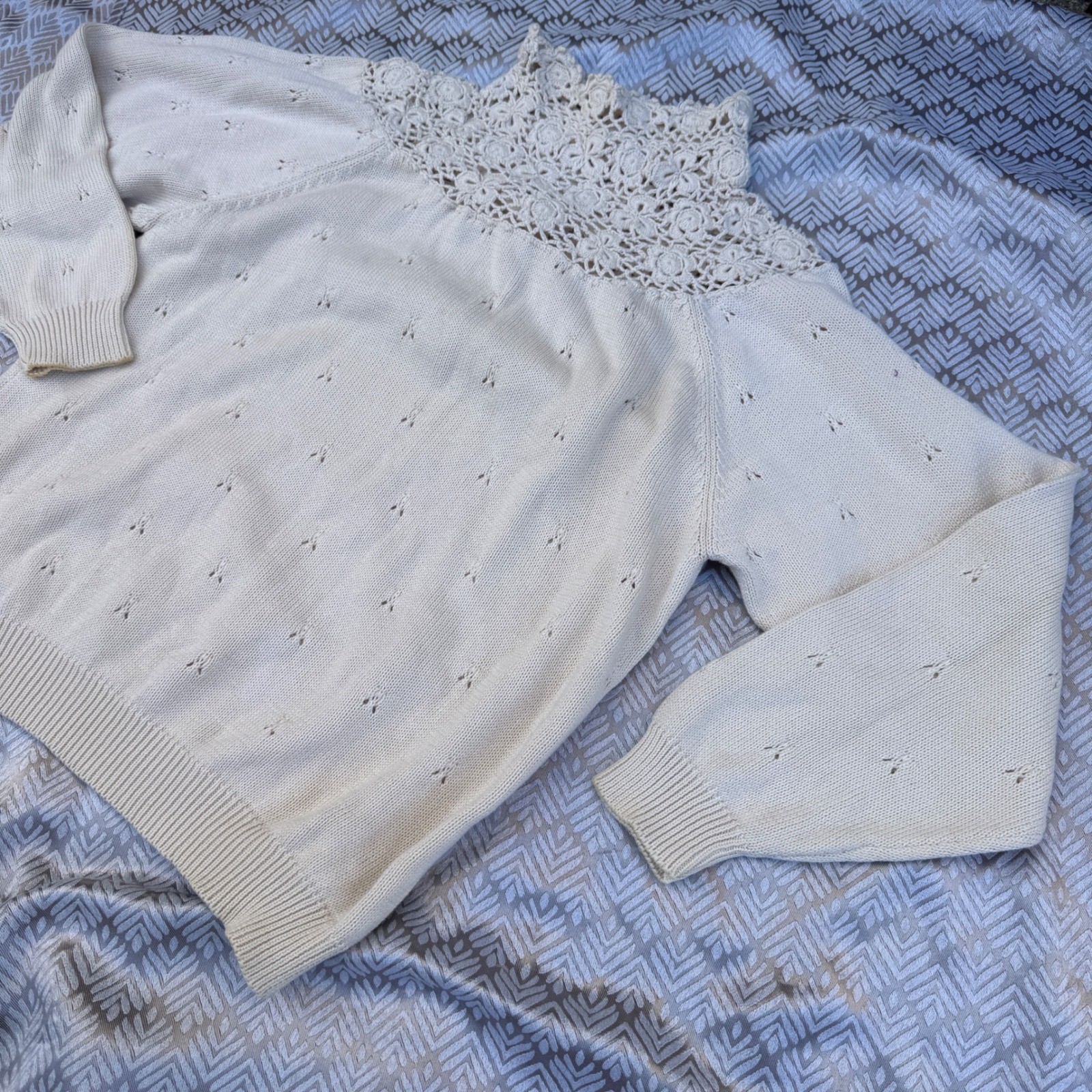 In-Wear Vintage 1980s Sweater Cream Crochet Lace High Neck Pointelle Cotton