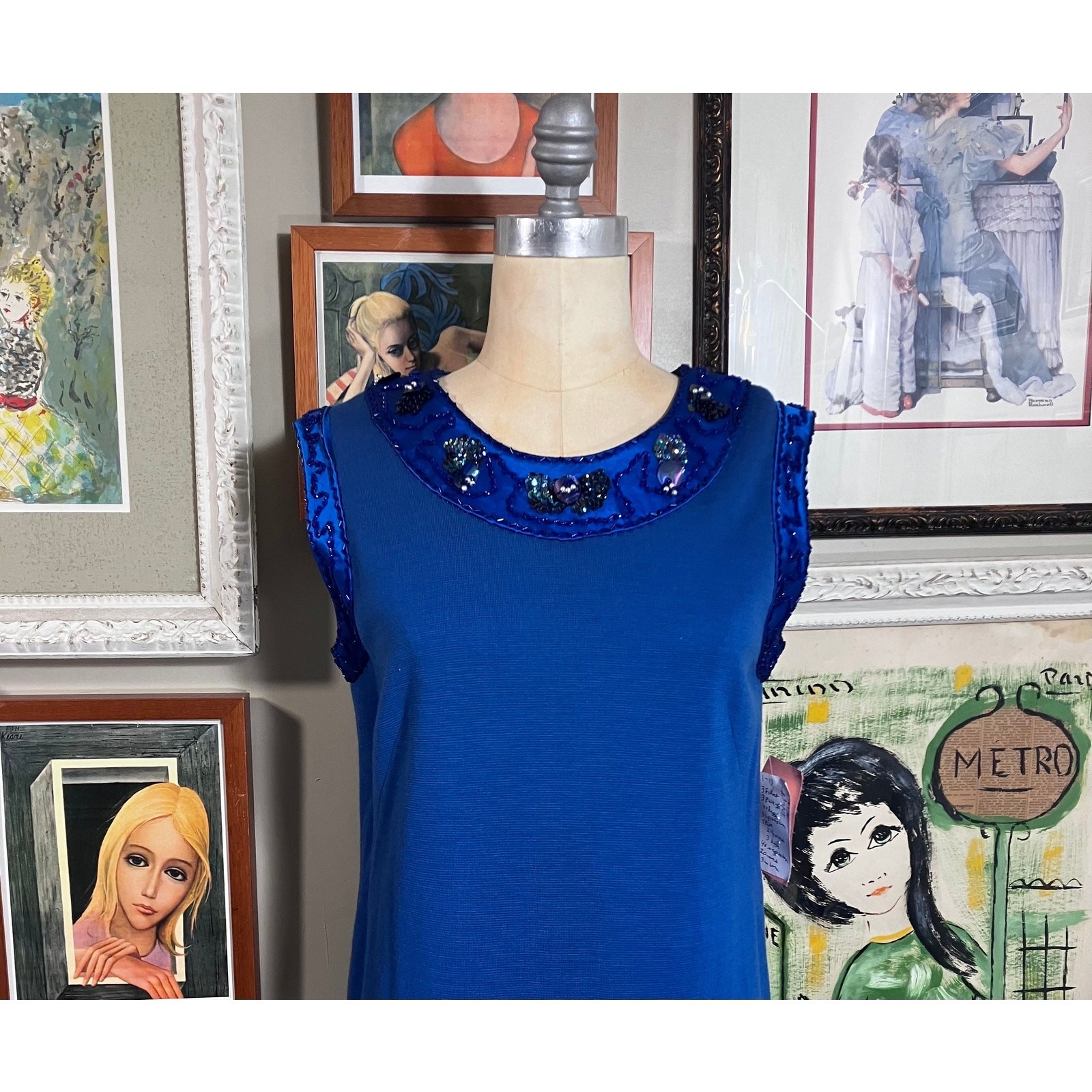 Palio 1960s 100% Virgin Wool Royal Blue Sleeveless Dress Beaded Trim Hong Kong