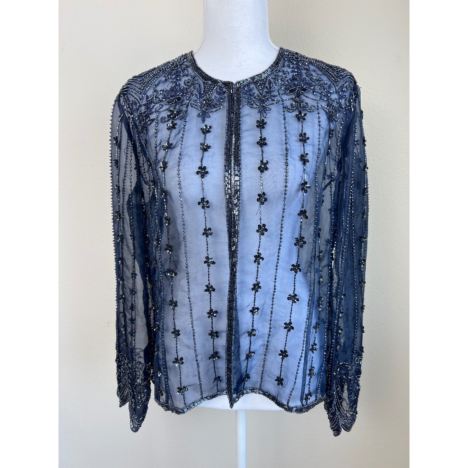 VTG Laurence Kazar Beaded Sheer Mesh Jacket Top M Blue Sequin Wearable Art Deco