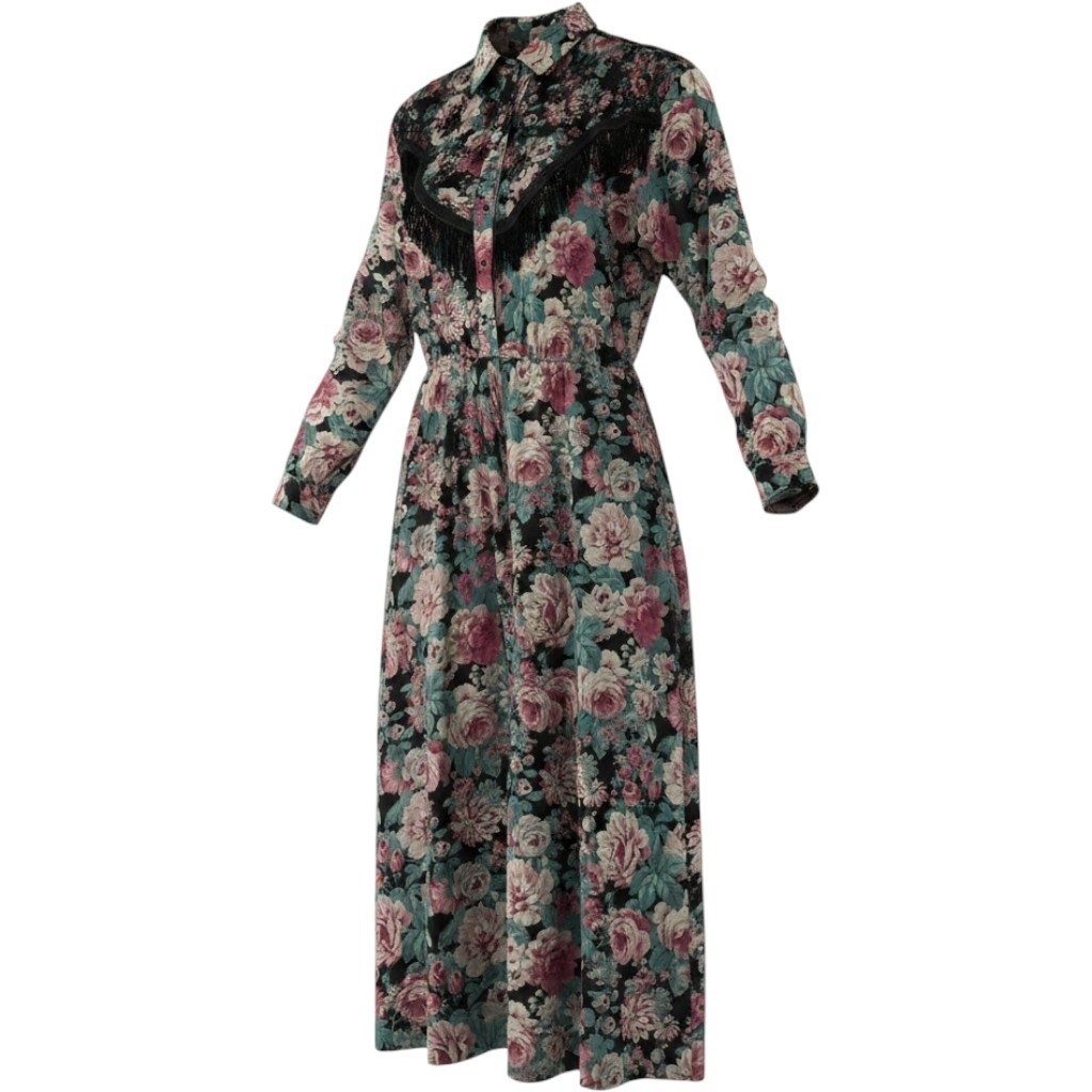 Vintage Panhandle Slim Floral Western Maxi Dress Fringe Pearl Snap Prairiecore