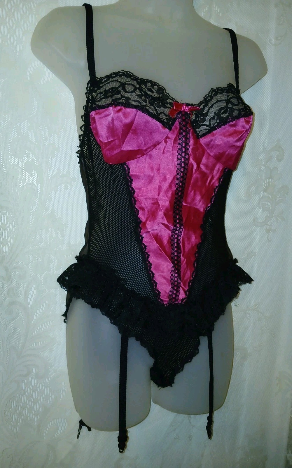 Vintage 80s Hot Pink Satin Black Sheer Fishnet Lace Teddy Lingerie Garters L