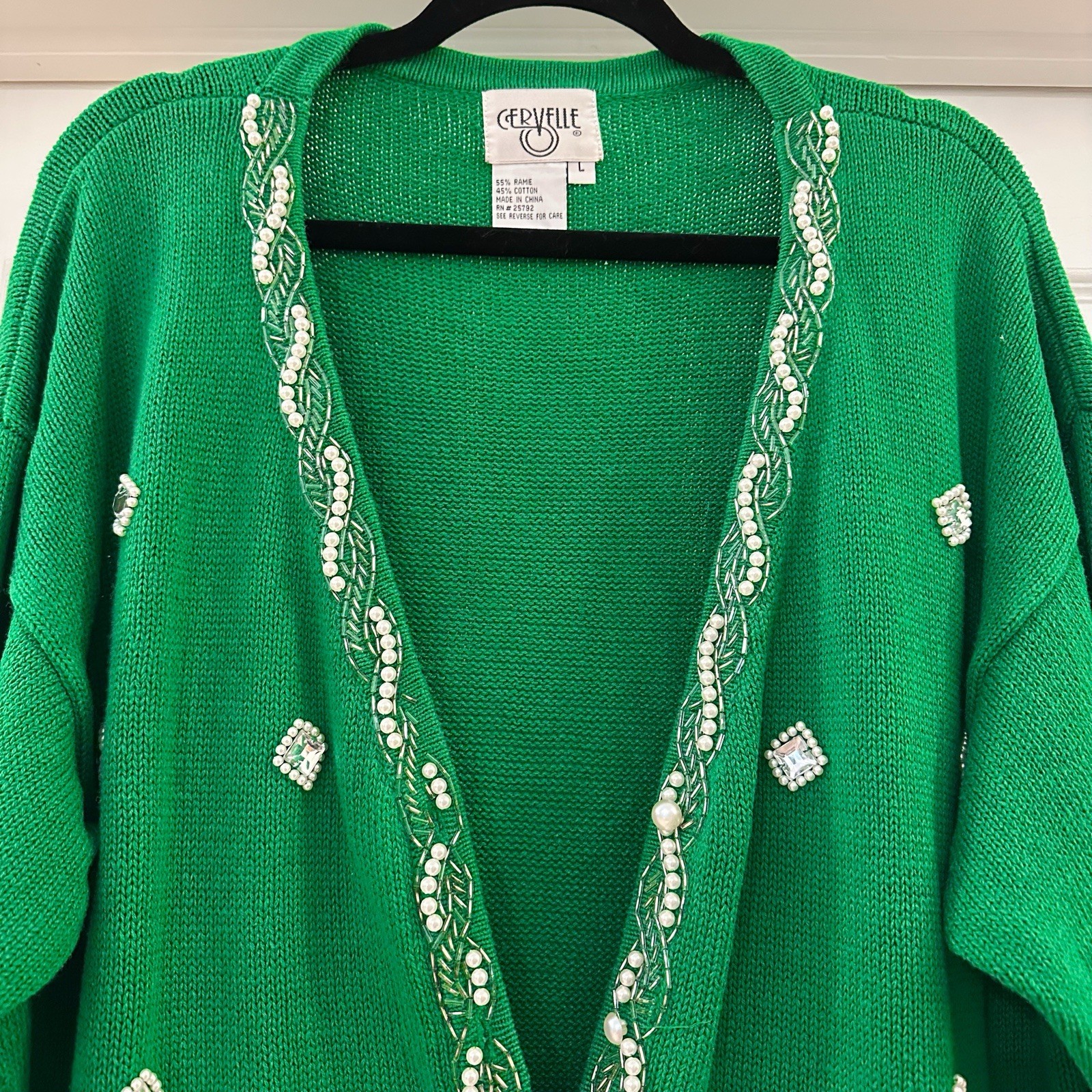 Cervelle Vintage Beaded Pearl Embellished V Neck Cardigan Sweater Kelly Green