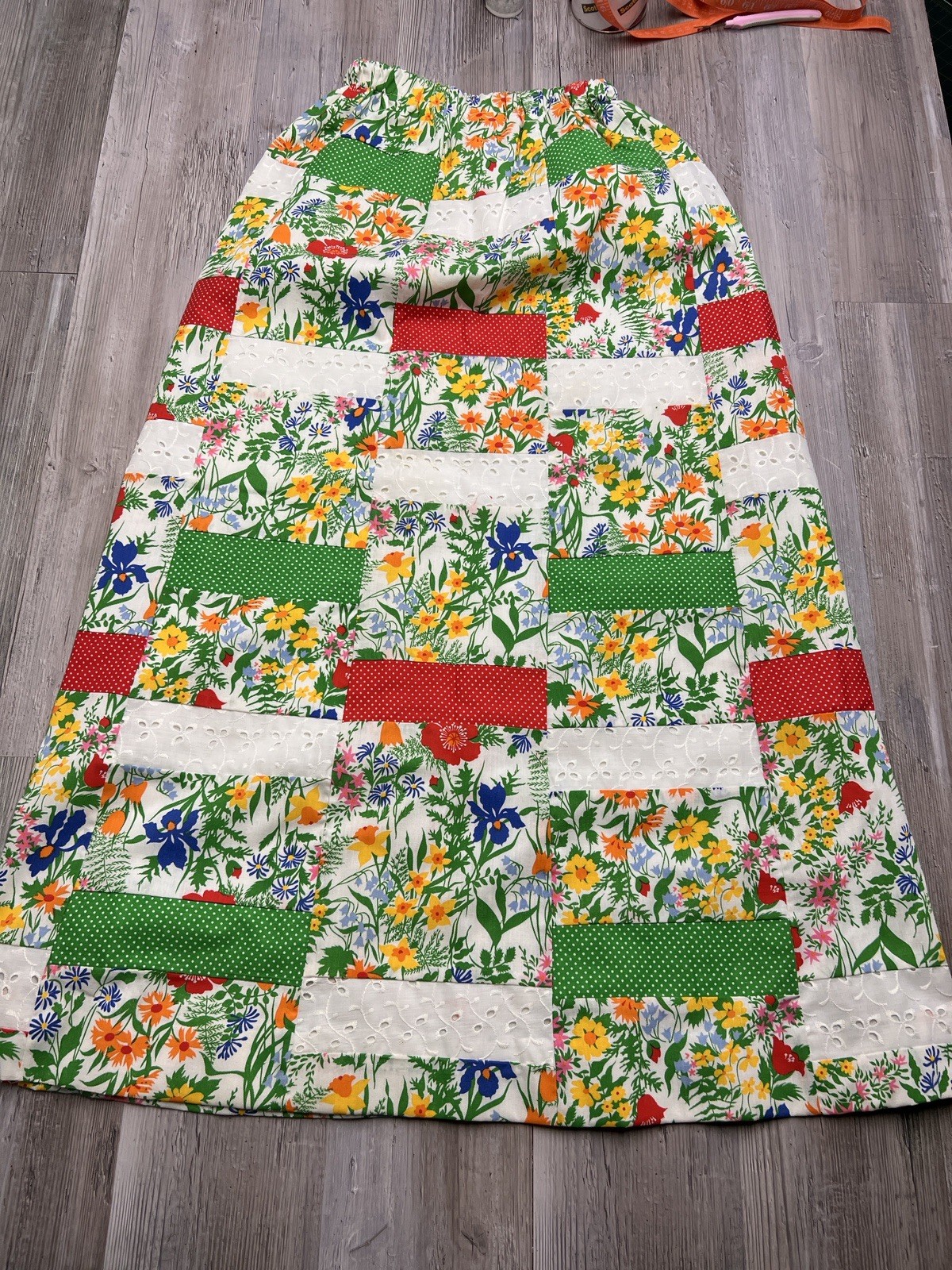 Vintage 70s Mr Hank Patchwork Floral Maxi Skirt Eyelet Lace Boho Cottagecore XS