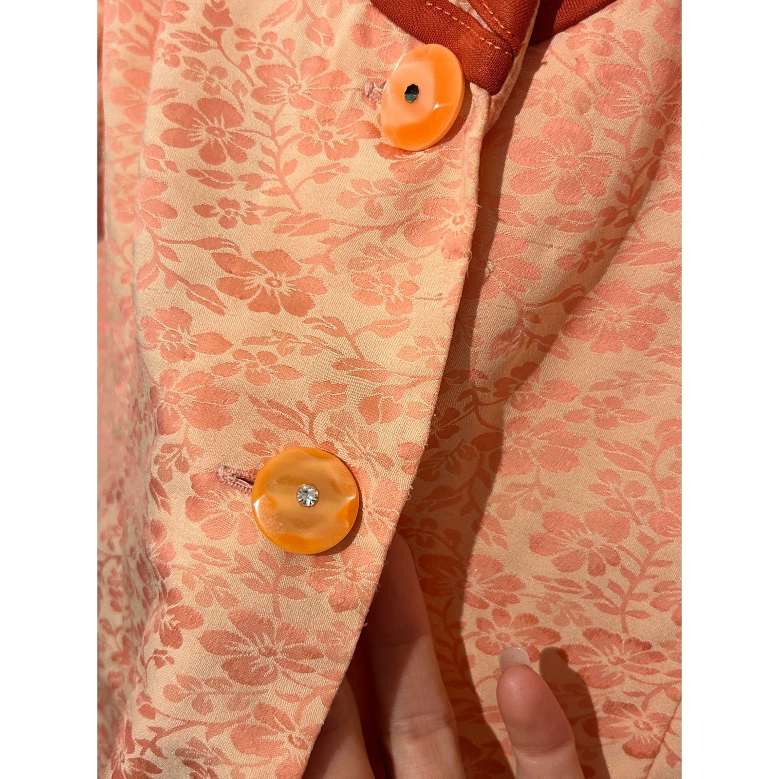 Vintage 1960s 1970s Coral Peach Brocade Blouse Shirt Western Contrast Trim Mod