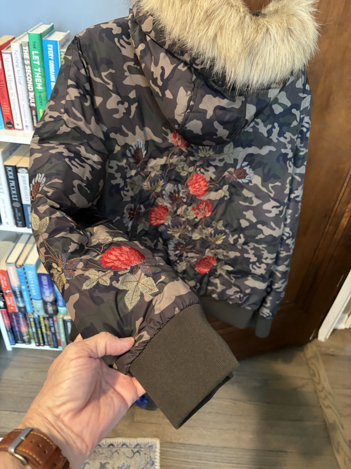 Women’s Bomber Jacket – American Rag Camo Jacket With Red Embroidery Pattern