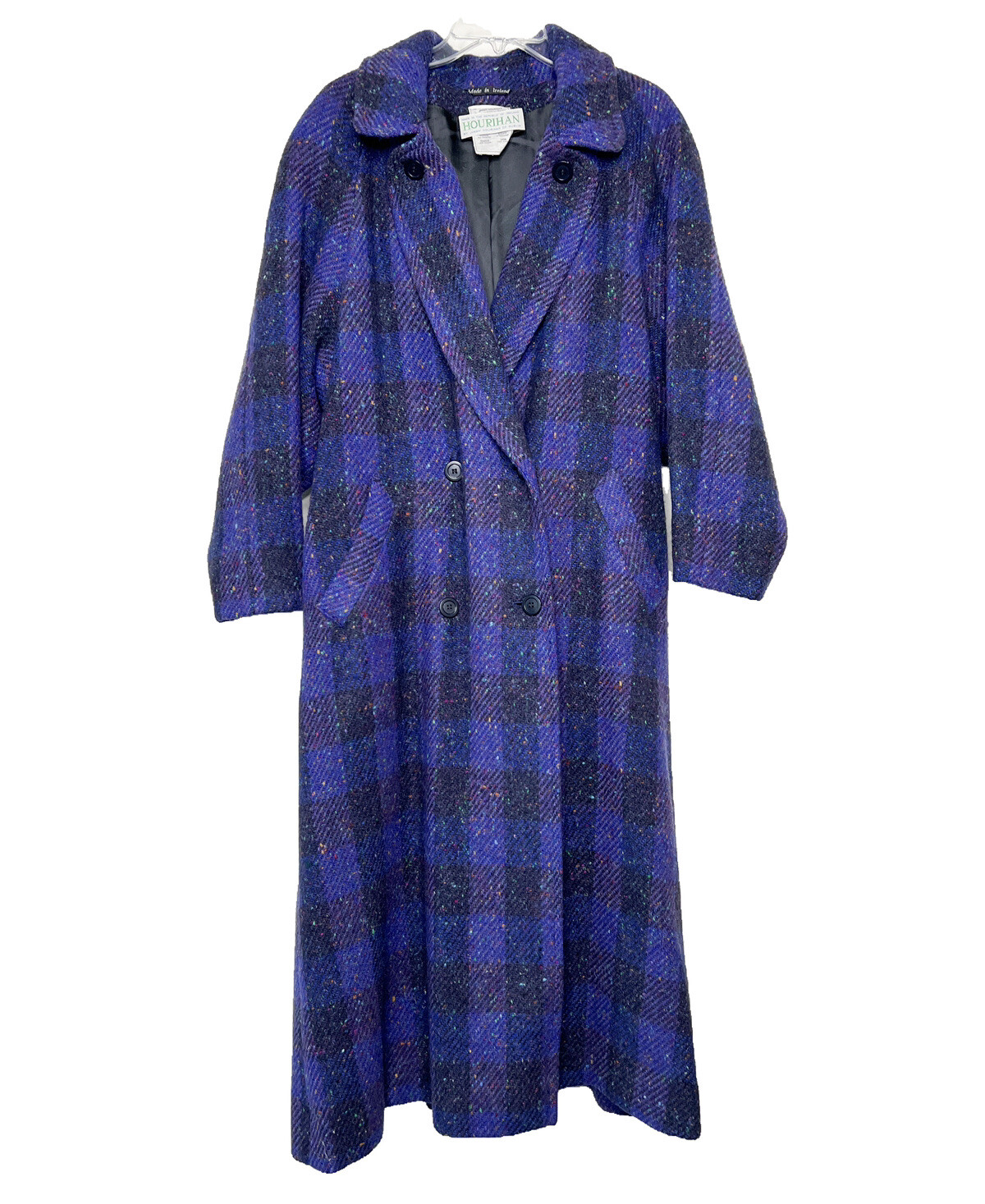 Vintage Jimmy Hourihan Sz 8 Purple Plaid Long Coat Wool Speckle Tweed Ireland