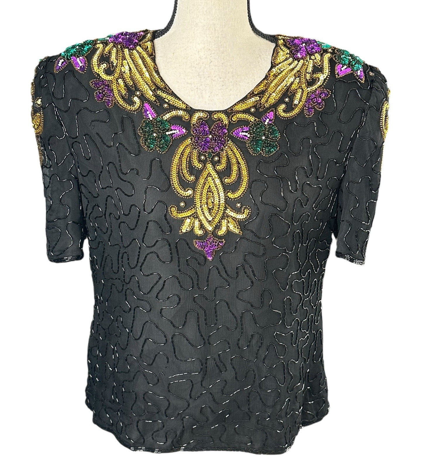 Vintage 80’s Scala Mardi Gras Sequin Beaded Silk Shirt Sleeve Top Petite Sz XL