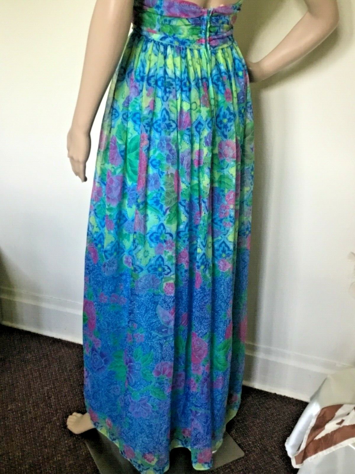 70’s Vintage Blue Neon Yellow/Pink Floral Sexy Halter Top Maxi Dress