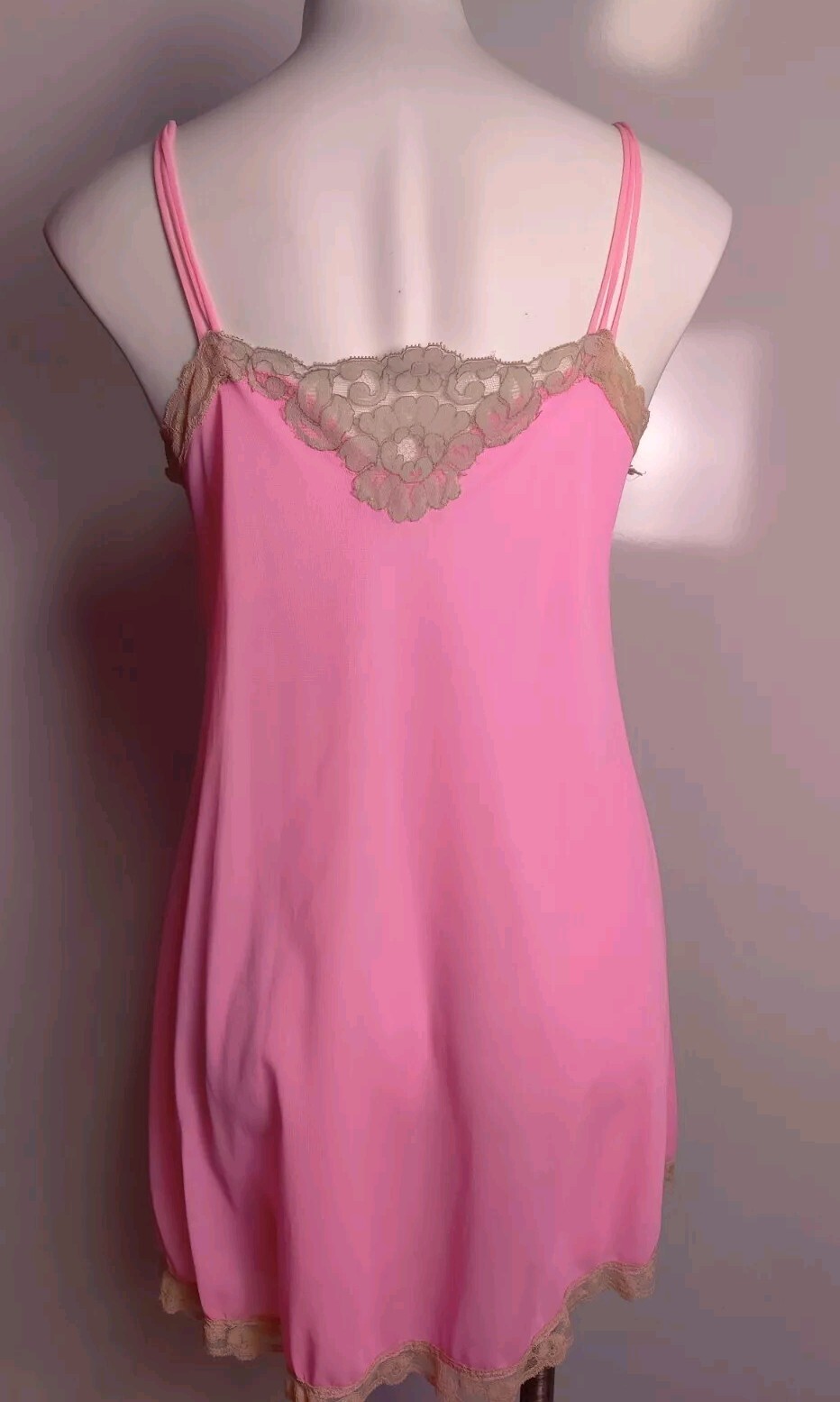 Vintage Avian Hot Pink Nylon Nightgown Lace Trim Modified **Flawed Medium