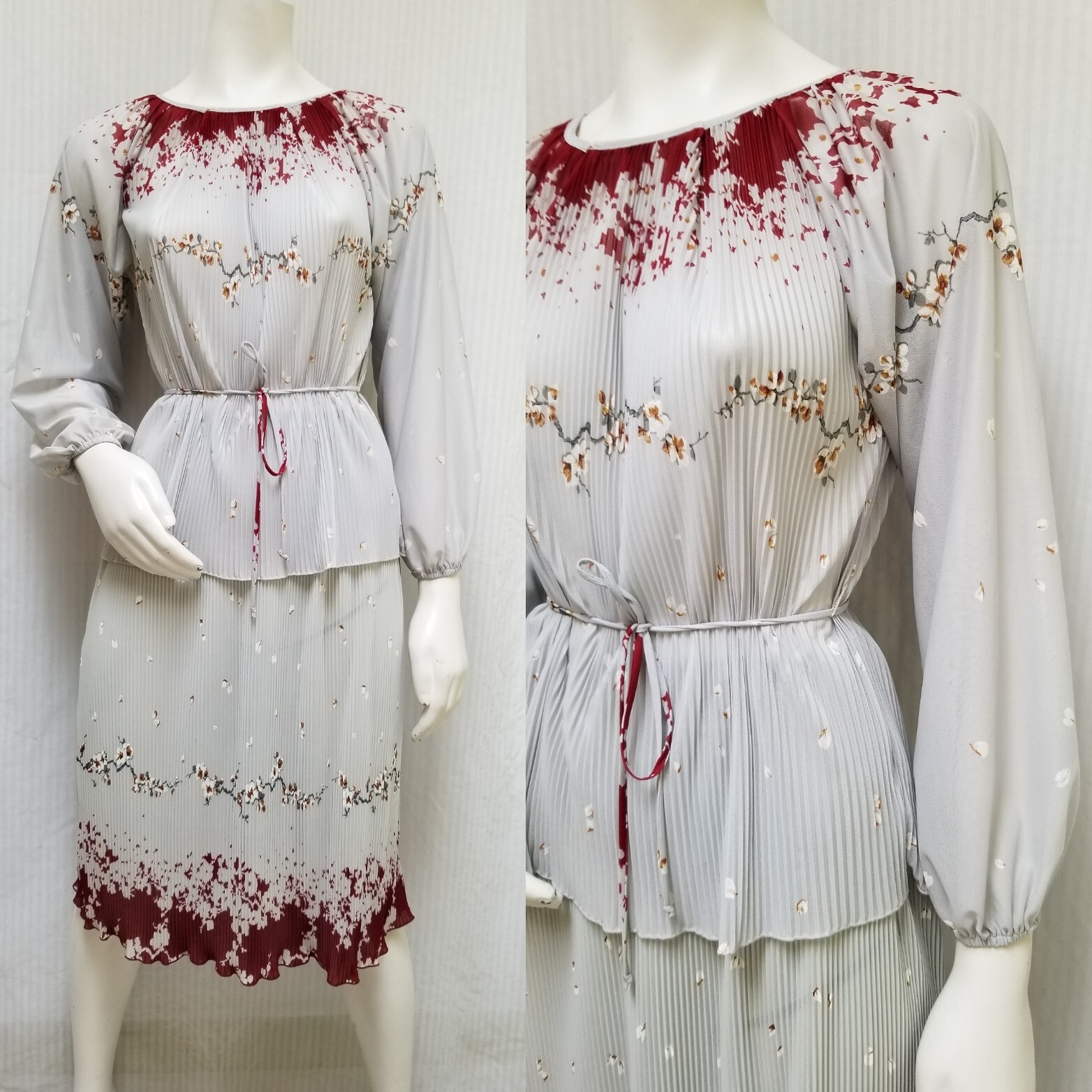 Vintage Plaza Square Semi Sheer Micro Pleated Floral Blouse & Skirt Set – Size M