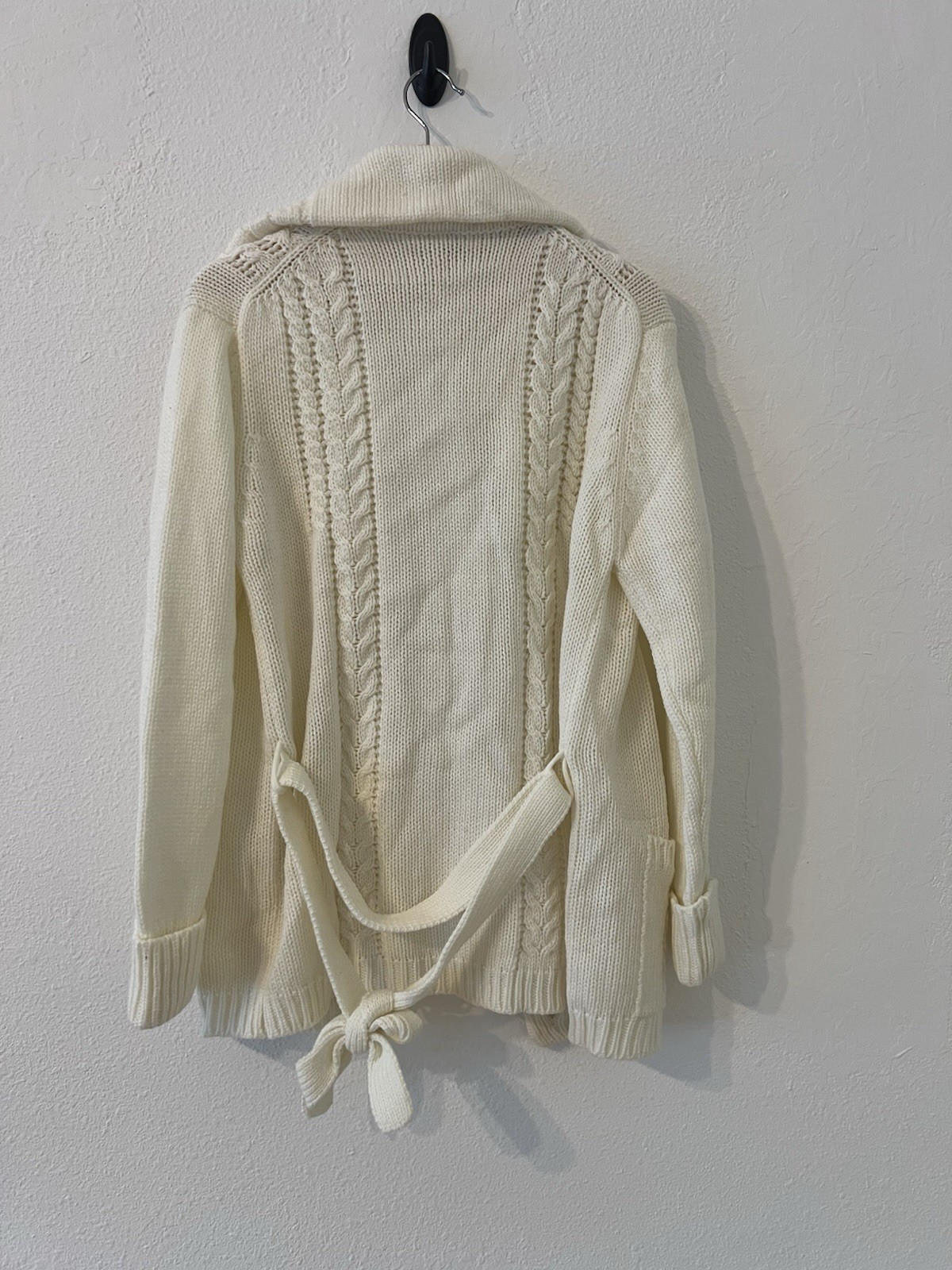Vintage 70s Cable Knit Cardigan Wood Button Front Tie Waist Cottage Fisherman