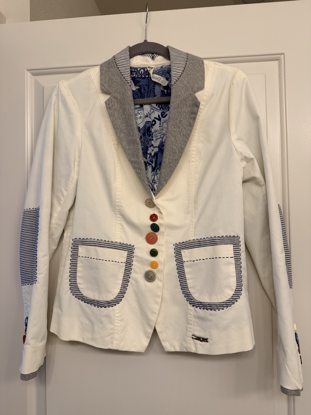 Desigual Cream Blazer Colorful Buttons European Statement Jacket Rare
