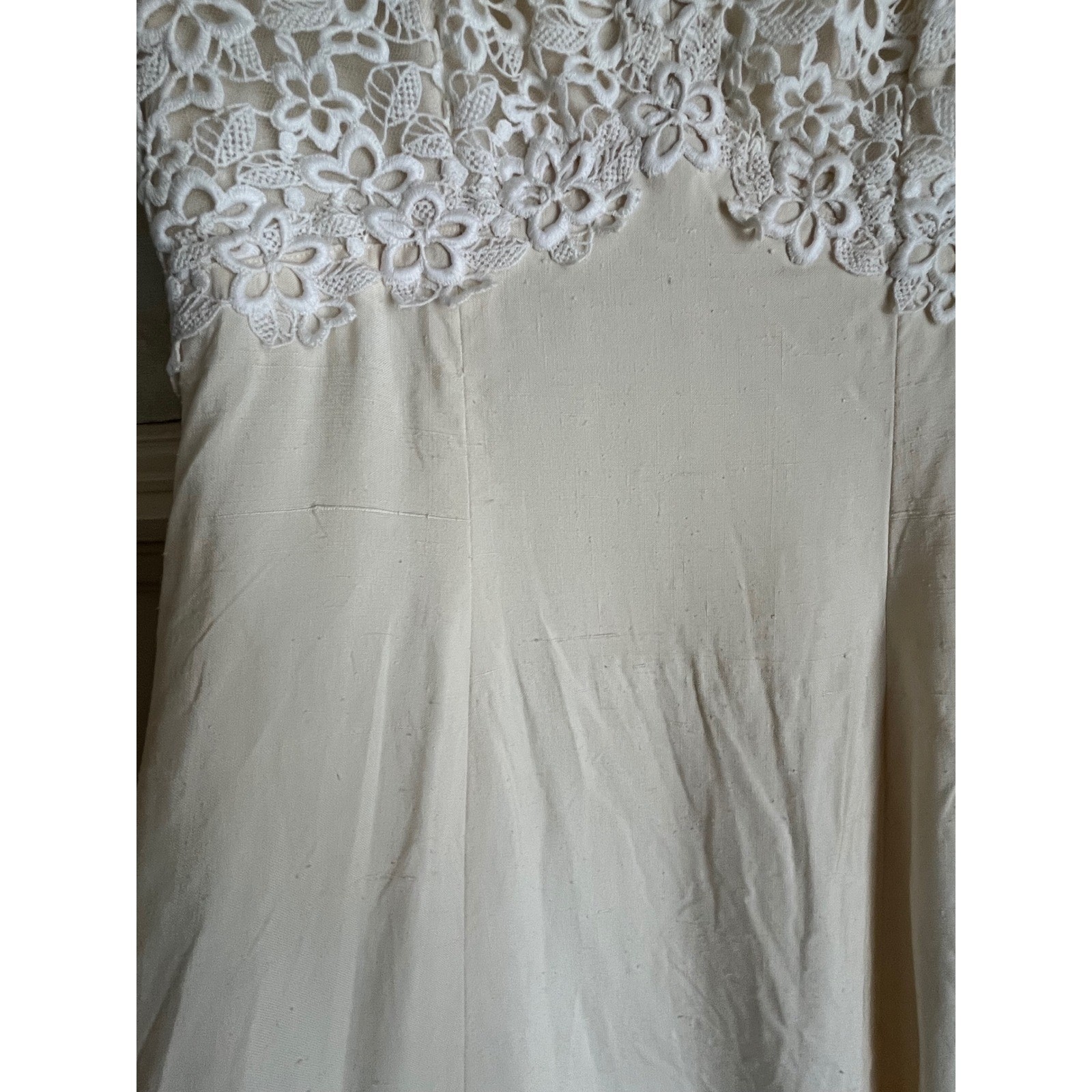 Vintage 60s Ivory Lace Raw Silk Wedding Gown Maxi Dress Empire Waist XS