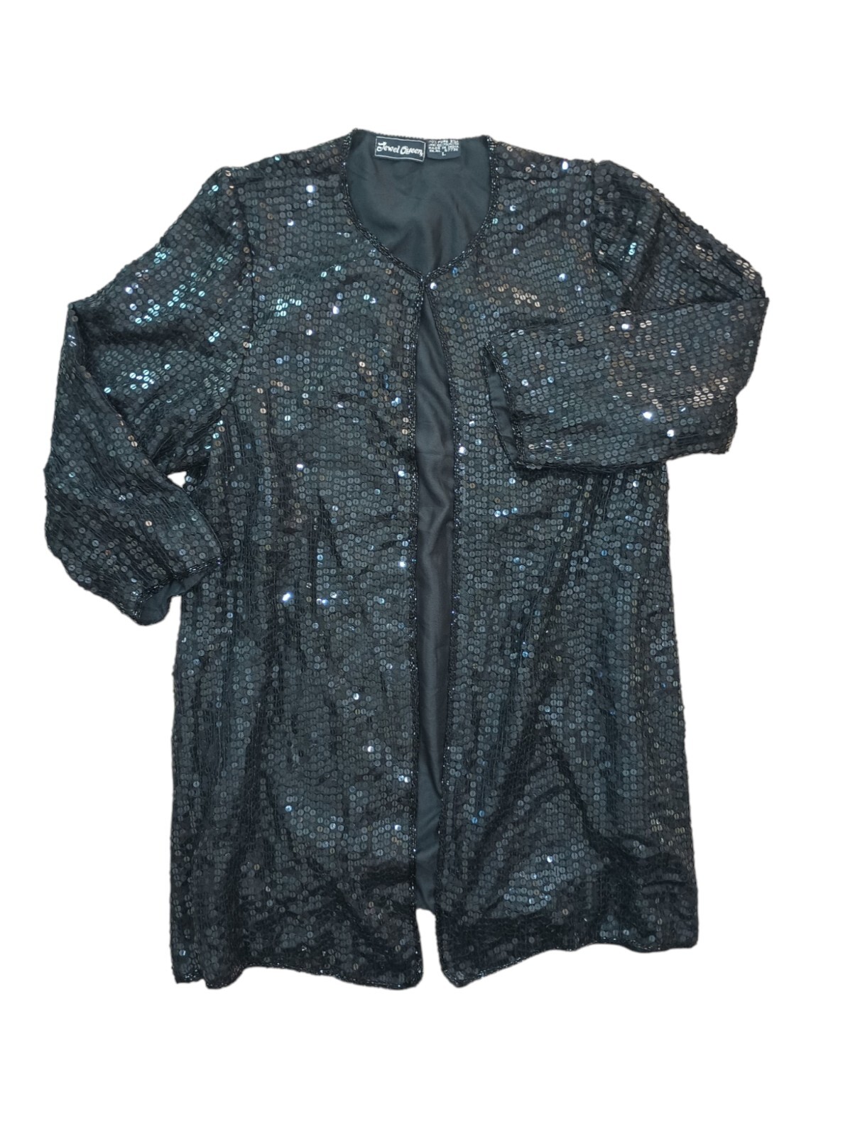 Vintage Jewel Queen Full Sequin Evening Jacket Black Pure Silk Cardigan-Large