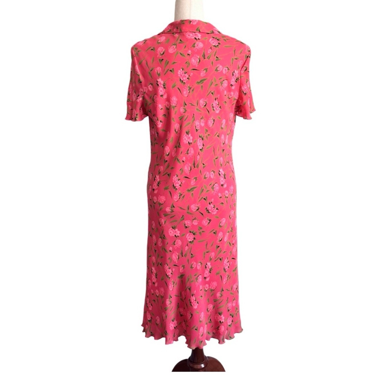 Vintage Casual Corner Pink Floral Roses 100% Silk Midi Dress 12 Cottage Garden