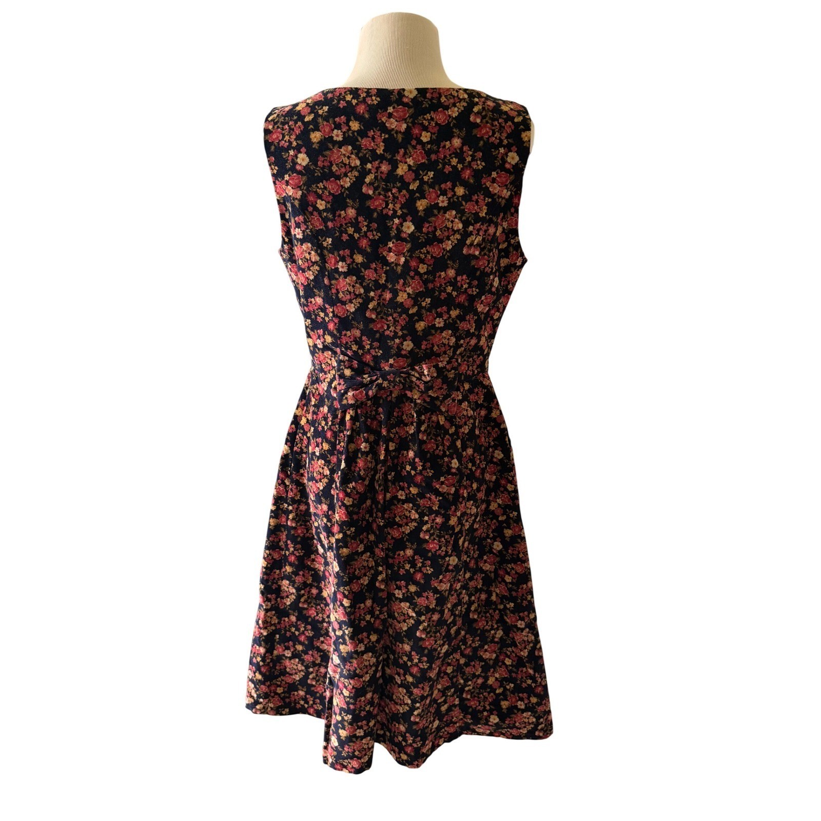 Charter Club Vtg Corduroy Floral Dress Navy Blue Button Cottagecore Country Chic