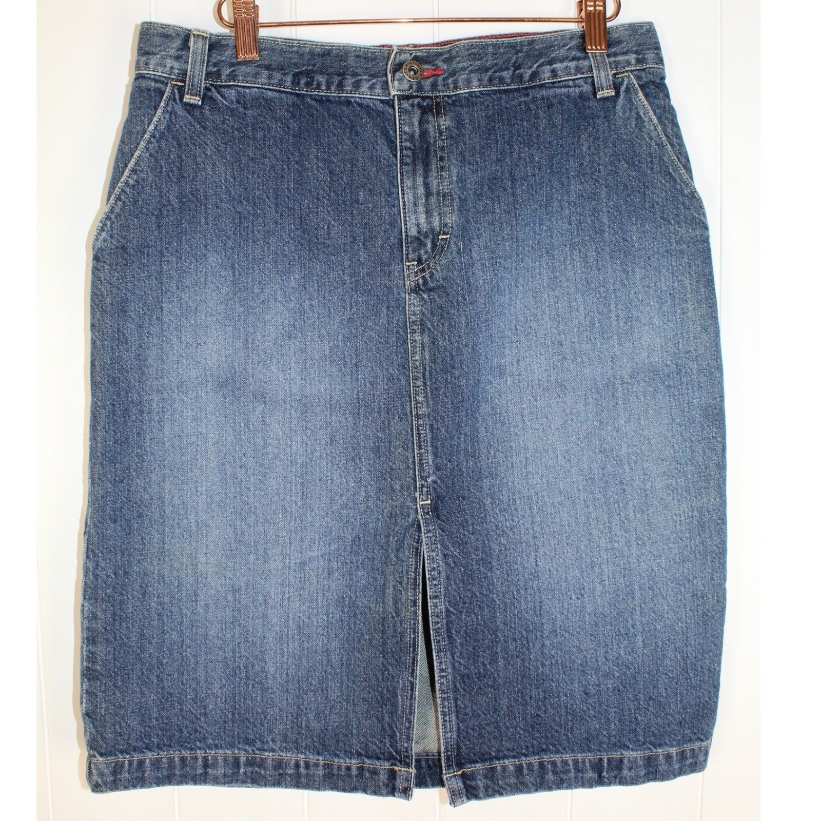 Tommy Hilfiger Jeans VTG Cotton Knee Length Denim Carpenter Style Skirt SZ 8