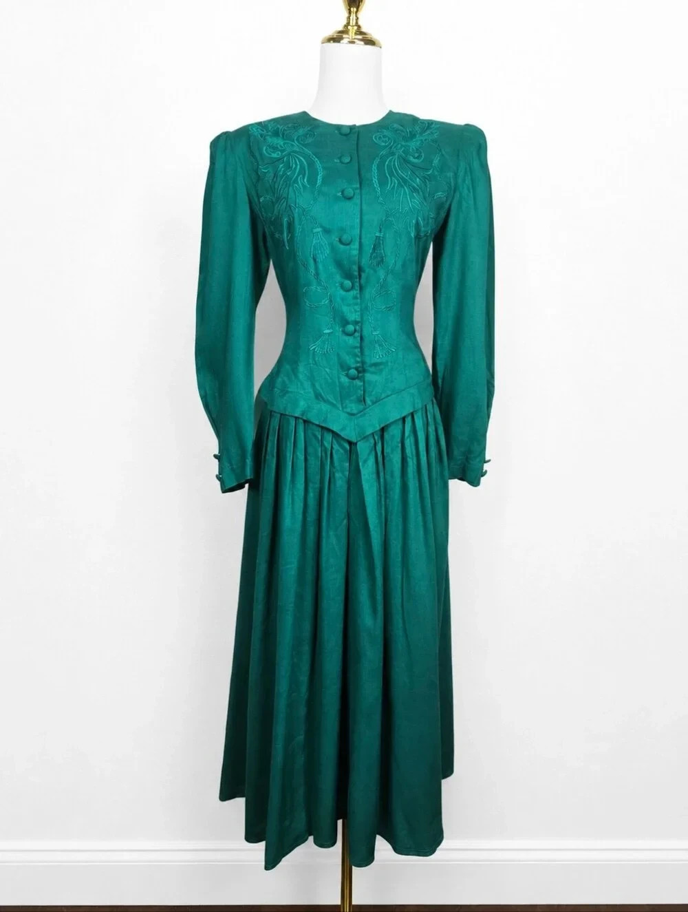 Vintage 80s Kathie Lee Emerald Embroidered Prairie Midi Dress Cottagecore Sz 6