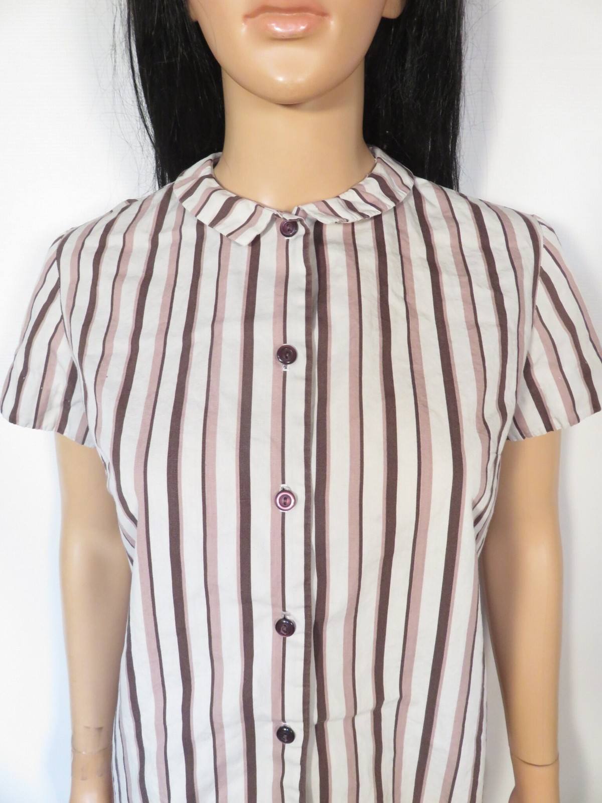 Vintage 60s Brown Striped Tailored Blouse Size M/L