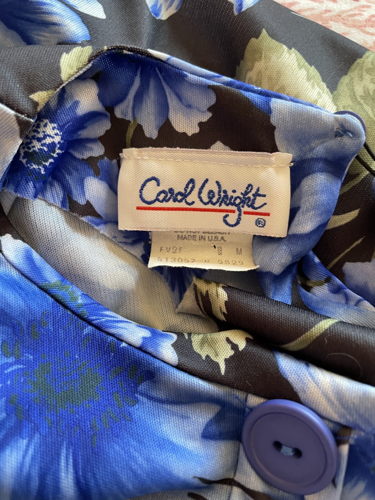 Vintage 1980’s Carol Wright Black Blue Floral Print Poly Dress S/M