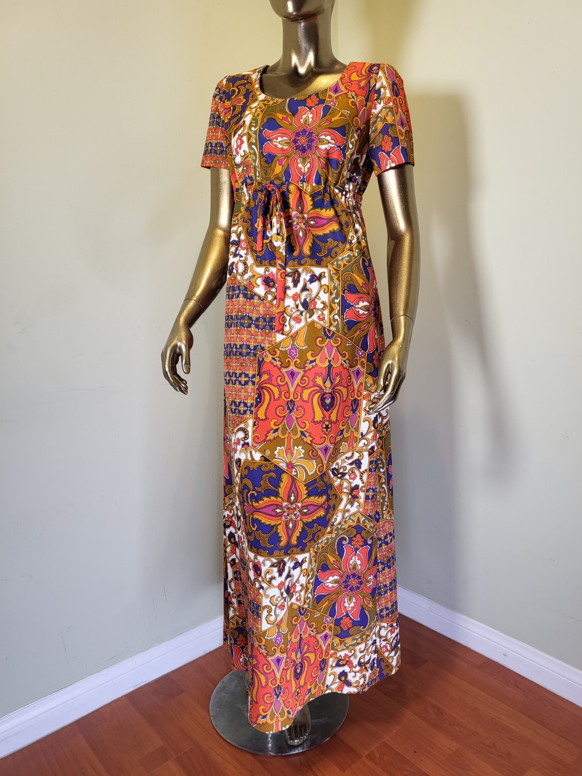 60s 70s Vintage Alex Colman Mod Boho Maxi Short Sleeve Psychedelic Print Dress